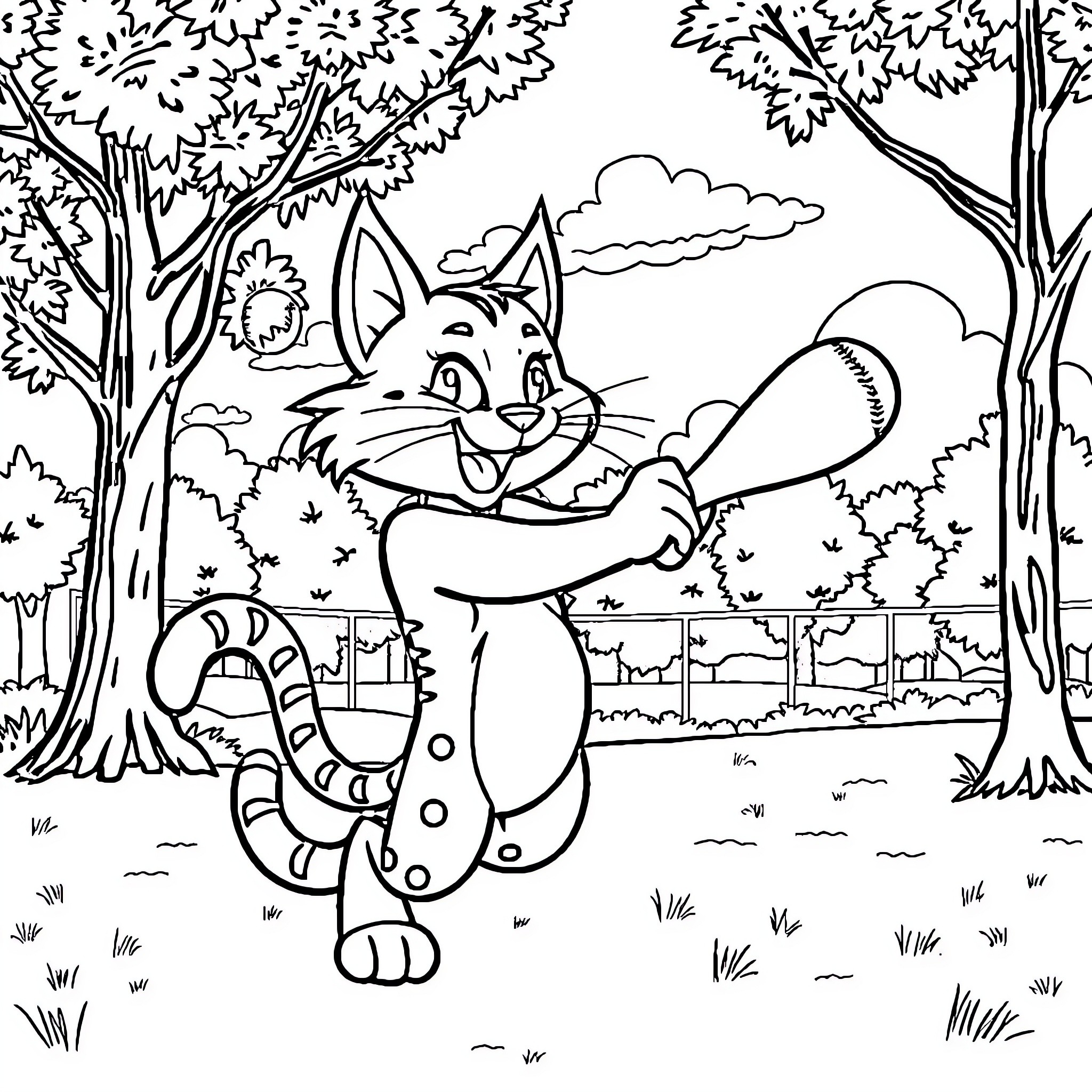 Wildcat playing gleefully in the forest Coloring Page (free black-and-white line drawing printable PDF for all, from beginners to advanced learners, including children, teens, adults, and seniors)