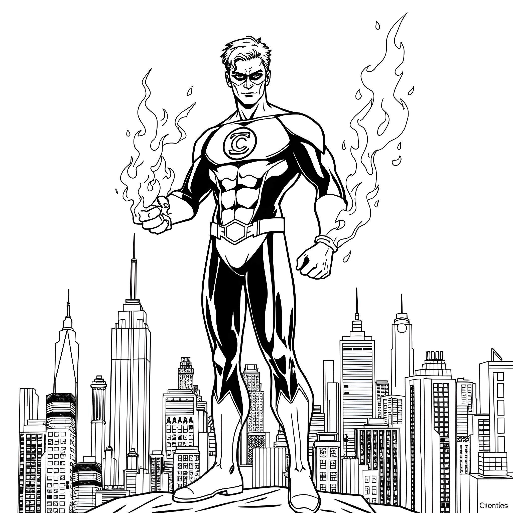 Human Lantern Glowing with Heroism over City Skyline Coloring Page (free black-and-white line drawing printable PDF for all, from beginners to advanced learners, including children, teens, adults, and seniors)