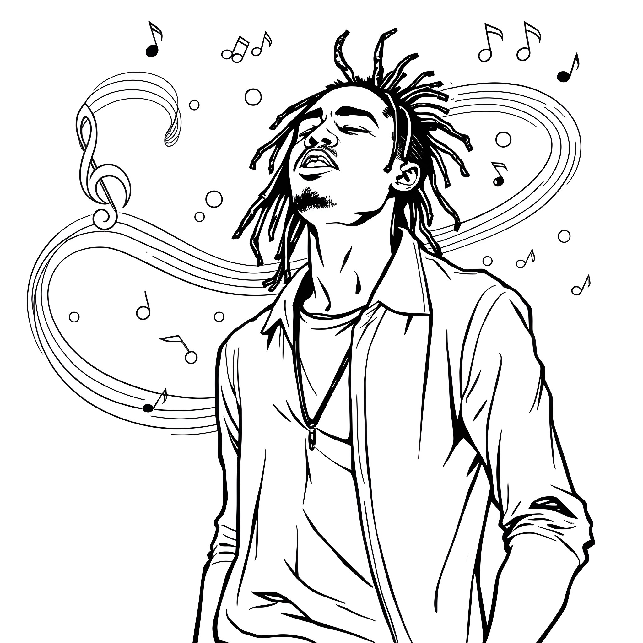 Man singing joyfully with musical notes Coloring Page (free black-and-white line drawing printable PDF for all, from beginners to advanced learners, including children, teens, adults, and seniors)