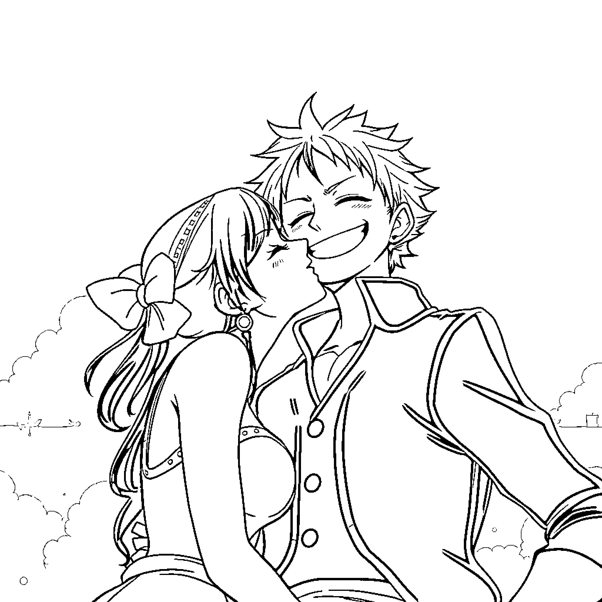 Nami and companion embrace happily in the clouds Coloring Page (free black-and-white line drawing printable PDF for all, from beginners to advanced learners, including children, teens, adults, and seniors)