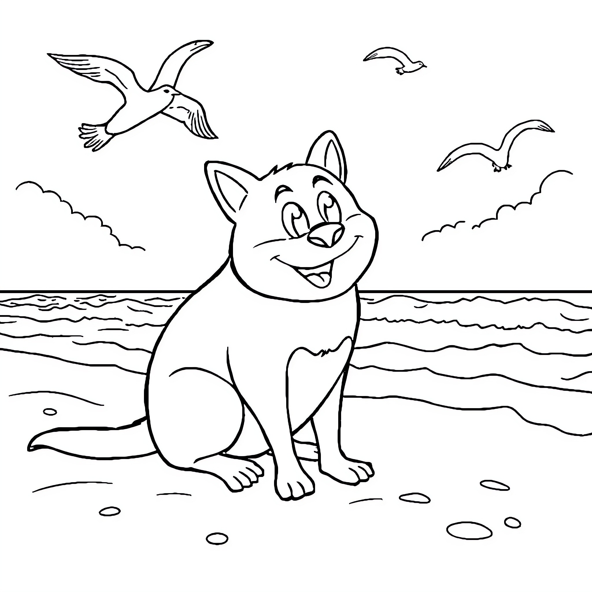 Tomato the Playful Kitten by the Seashore Coloring Page (free black-and-white line drawing printable PDF for all, from beginners to advanced learners, including children, teens, adults, and seniors)