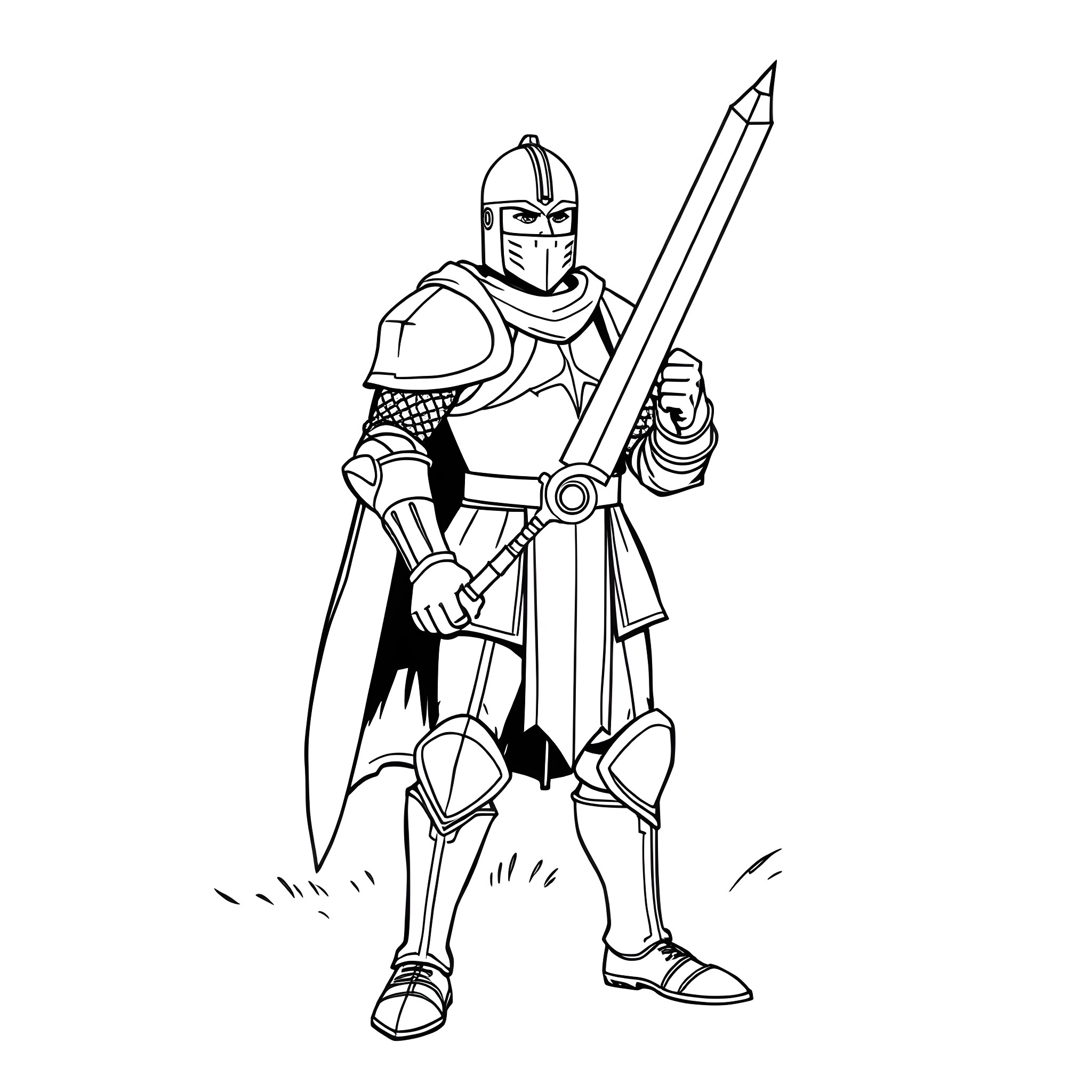 Knight in Shining Armor Wielding a Sword Coloring Page (free black-and-white line drawing printable PDF for all, from beginners to advanced learners, including children, teens, adults, and seniors)
