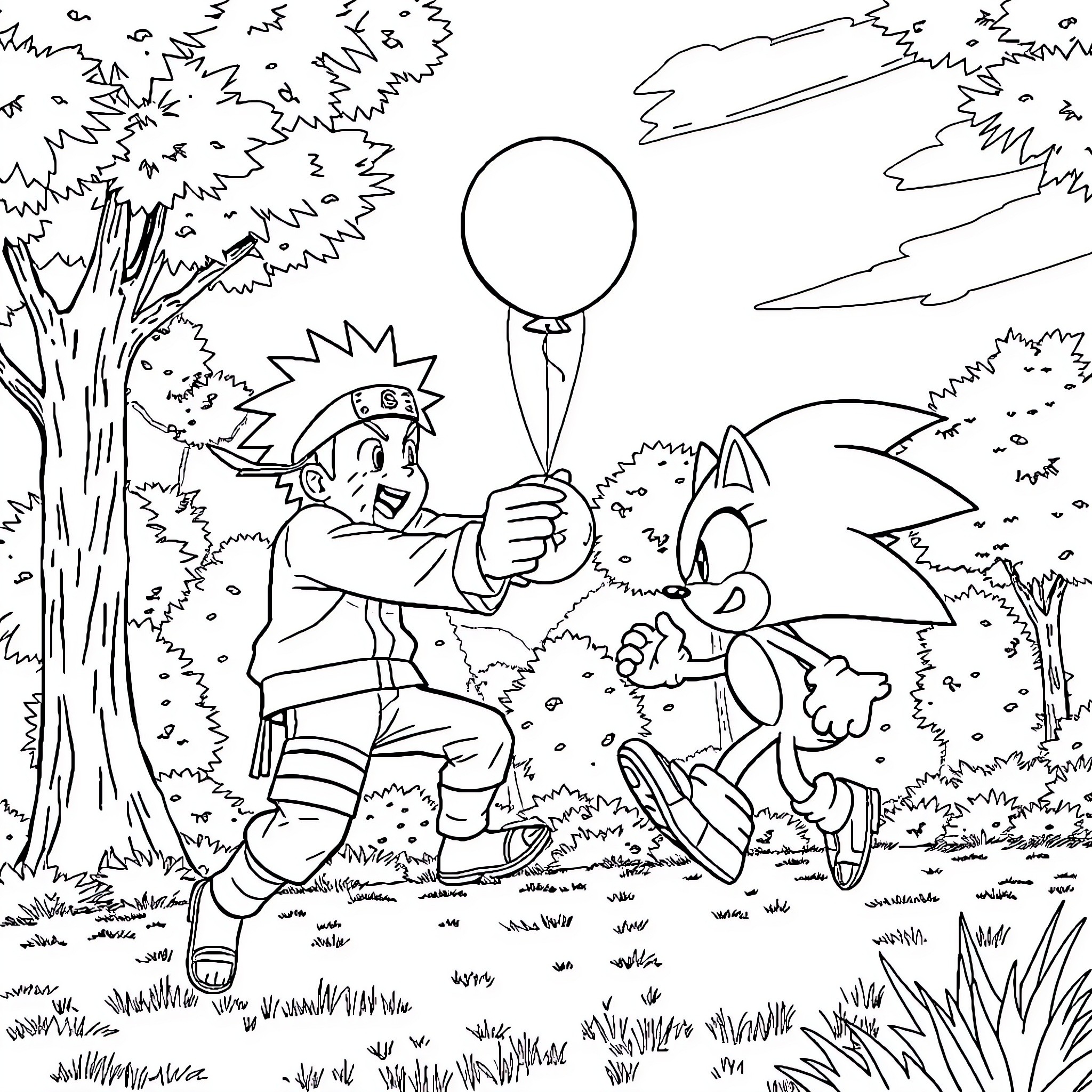 Naruto and Sonic explore the forest together Coloring Page (free black-and-white line drawing printable PDF for all, from beginners to advanced learners, including children, teens, adults, and seniors)