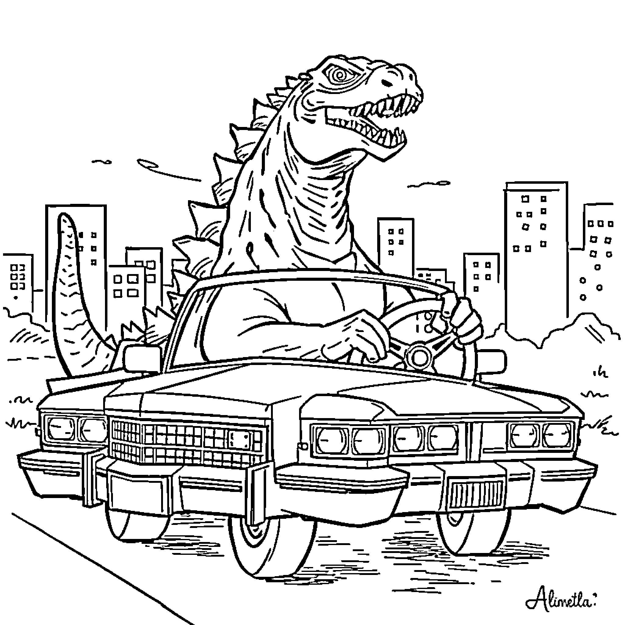 Godzilla rampages through the city in a classic car Coloring Page (free black-and-white line drawing printable PDF for all, from beginners to advanced learners, including children, teens, adults, and seniors)