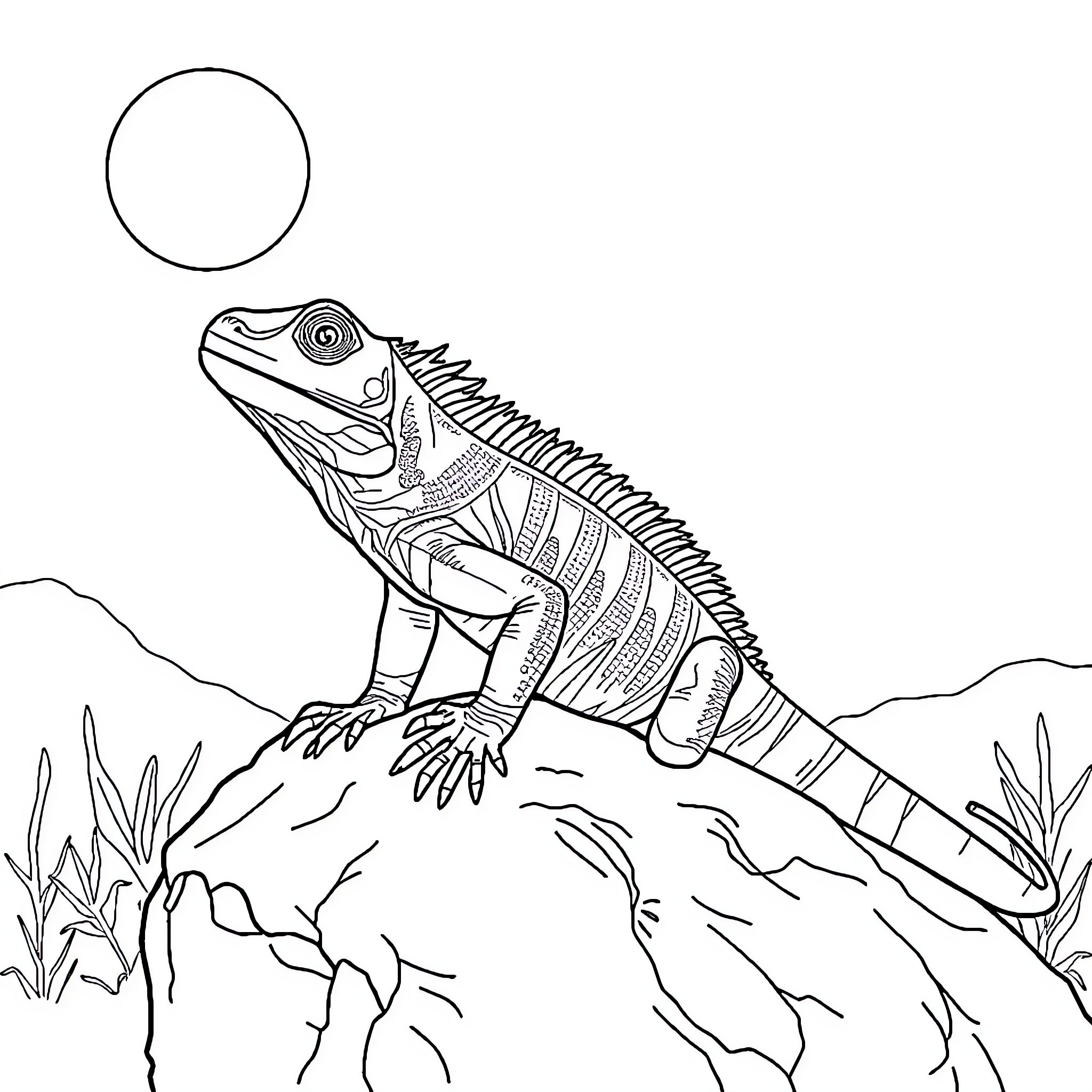 Iguana exploring rocky terrain Coloring Page (free black-and-white line drawing printable PDF for all, from beginners to advanced learners, including children, teens, adults, and seniors)