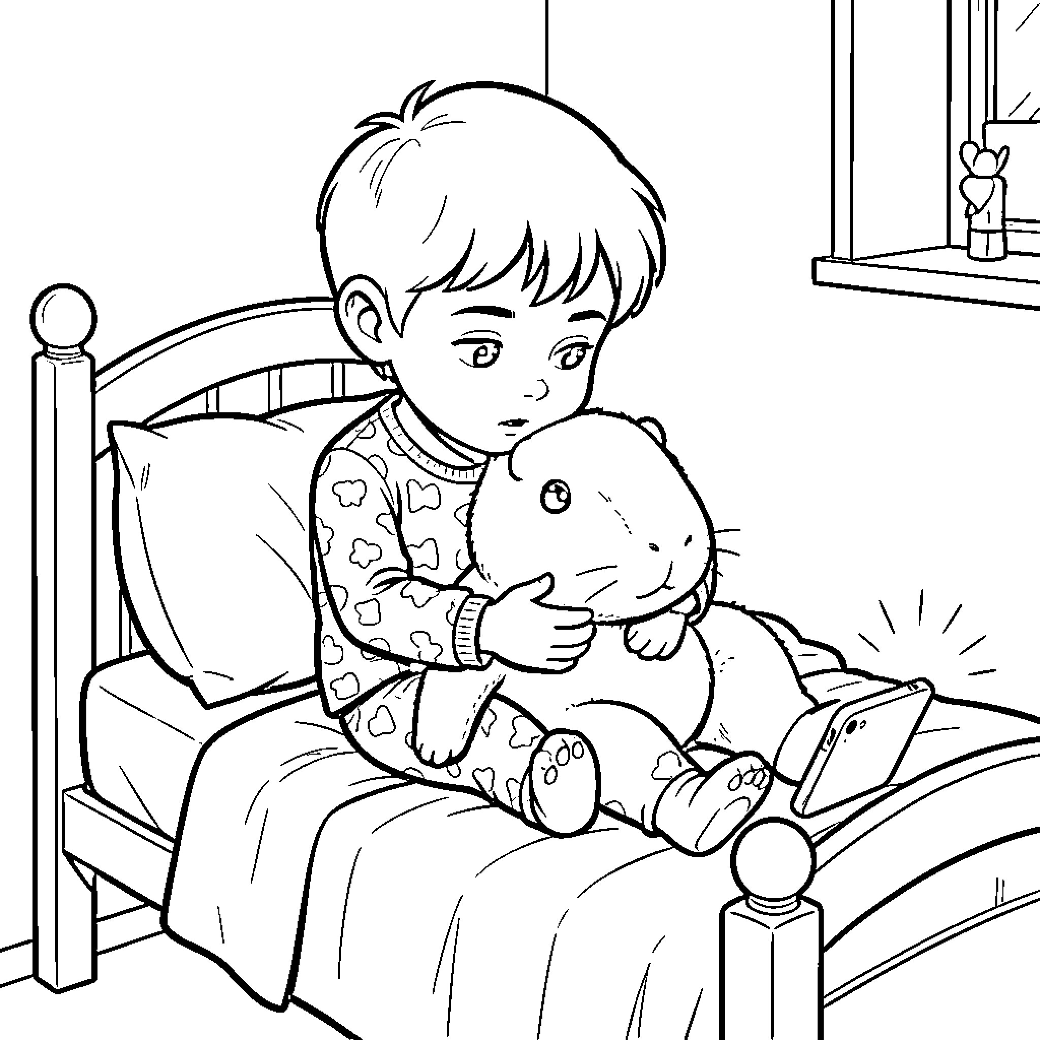 Niño comforting stuffed animal in bed Coloring Page (free black-and-white line drawing printable PDF for all, from beginners to advanced learners, including children, teens, adults, and seniors)