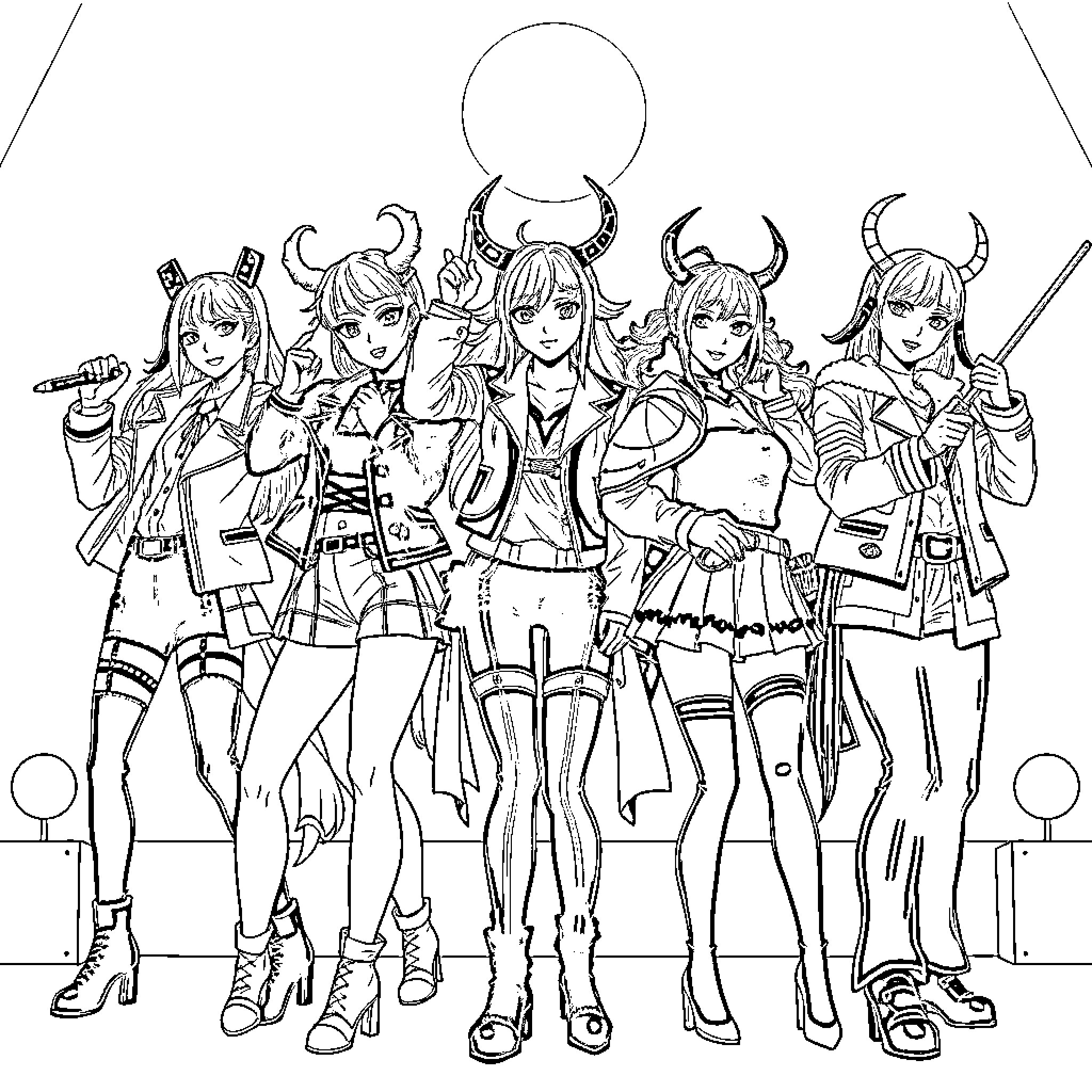 K-POP Demon Hunters Unleash Their Fierce Expressions Coloring Page (free black-and-white line drawing printable PDF for all, from beginners to advanced learners, including children, teens, adults, and seniors)