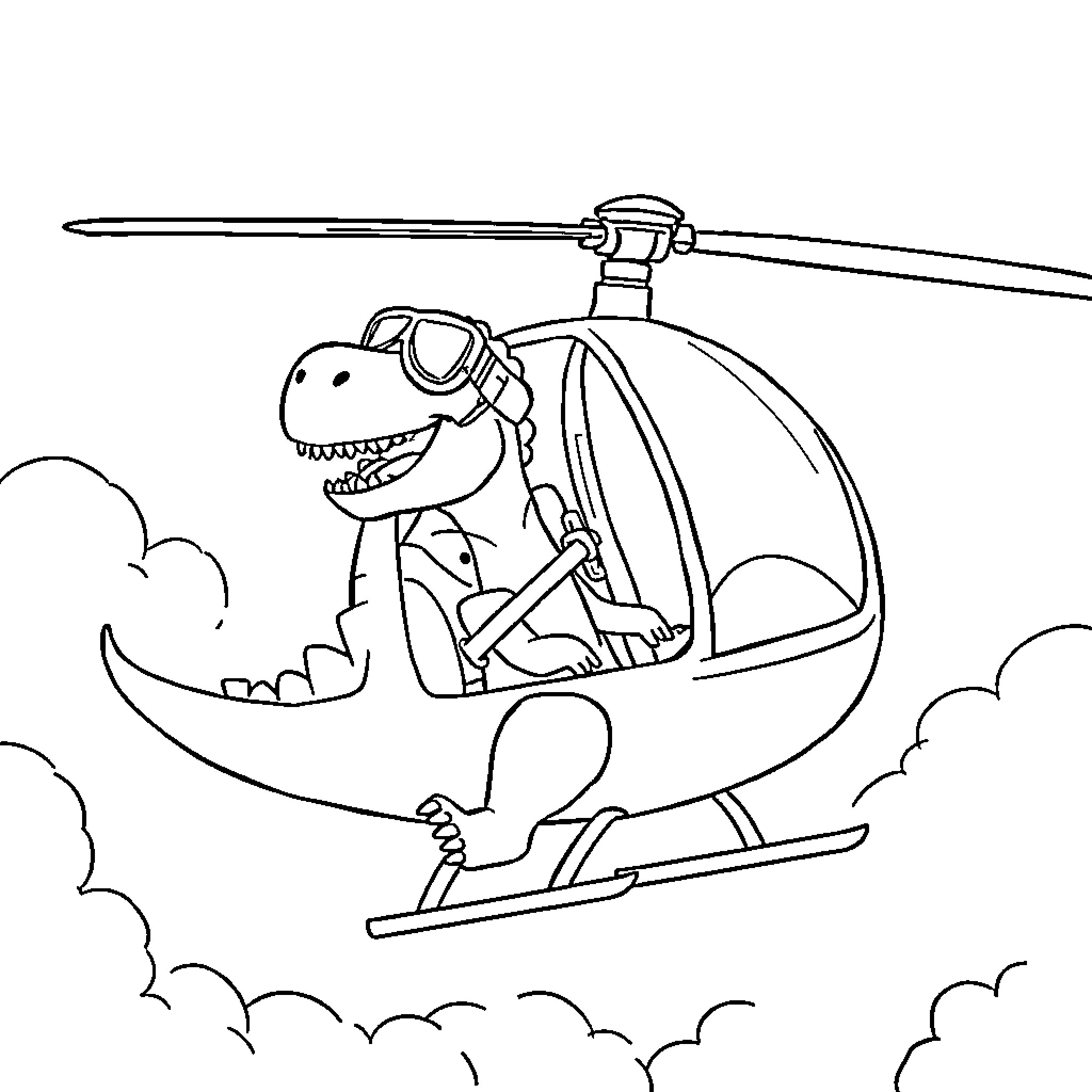 Dinosaur riding a helicopter in the sky Coloring Page (free black-and-white line drawing printable PDF for all, from beginners to advanced learners, including children, teens, adults, and seniors)