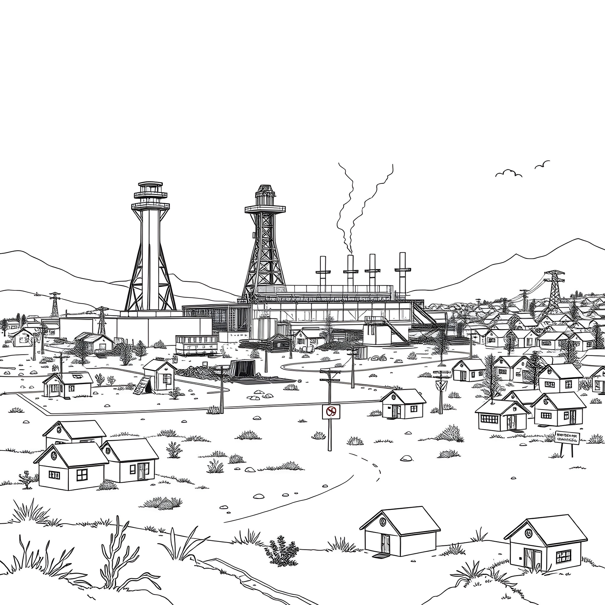 Fukushima Disaster Aftermath: Abandoned Town Landscape Coloring Page (free black-and-white line drawing printable PDF for all, from beginners to advanced learners, including children, teens, adults, and seniors)