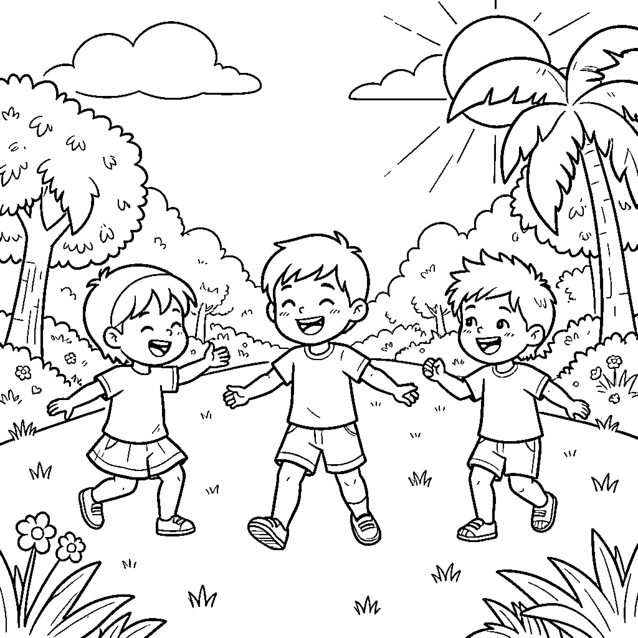 Childen playing joyfully together in a sunny park Coloring Page (free black-and-white line drawing printable PDF for all, from beginners to advanced learners, including children, teens, adults, and seniors)