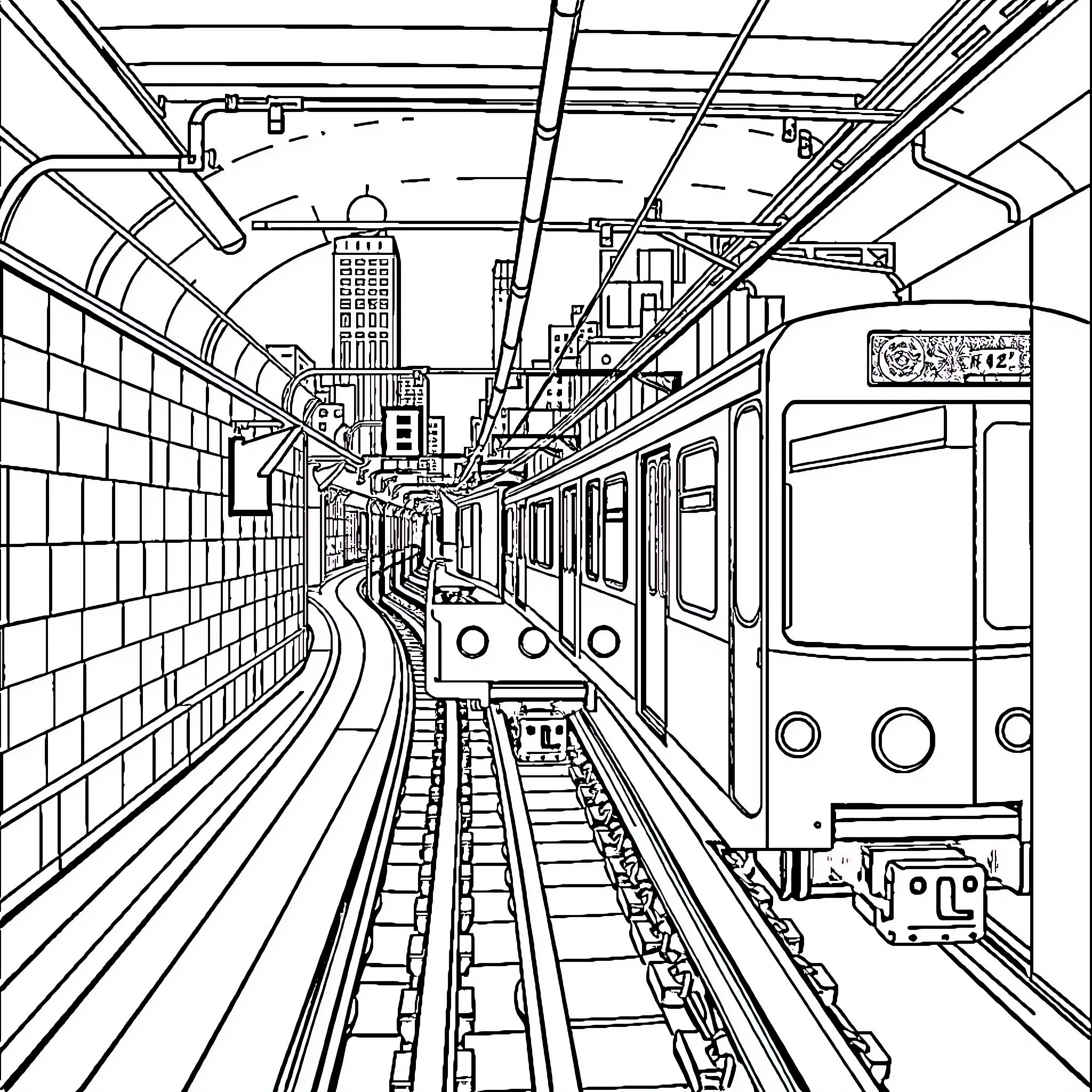 Line of Trains in Subway Tunnel Coloring Page (free black-and-white line drawing printable PDF for all, from beginners to advanced learners, including children, teens, adults, and seniors)