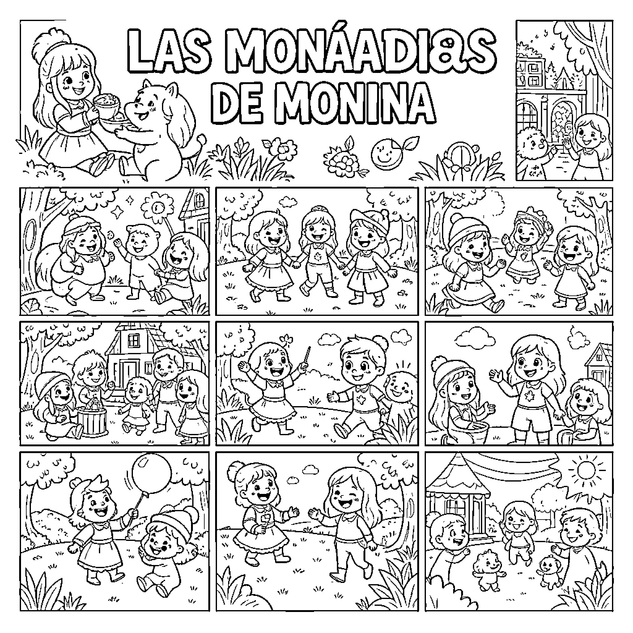 Monina and her Monandias in Various Scenes Coloring Page (free black-and-white line drawing printable PDF for all, from beginners to advanced learners, including children, teens, adults, and seniors)