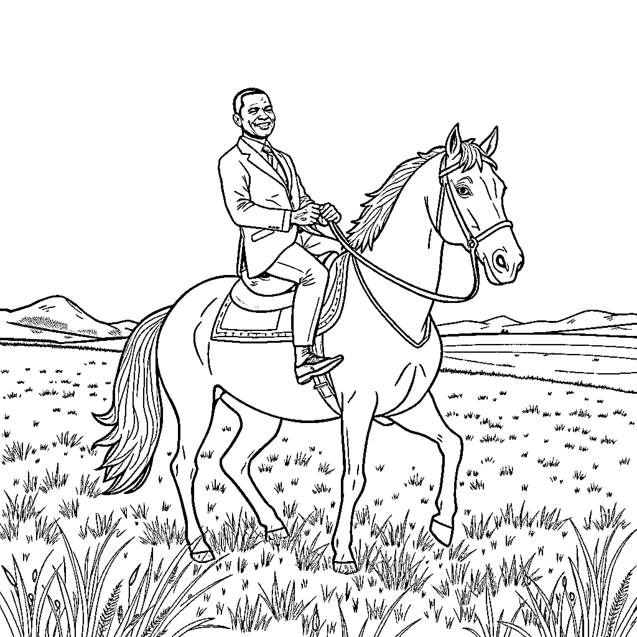 President Riding a Horse in the Countryside Coloring Page (free black-and-white line drawing printable PDF for all, from beginners to advanced learners, including children, teens, adults, and seniors)