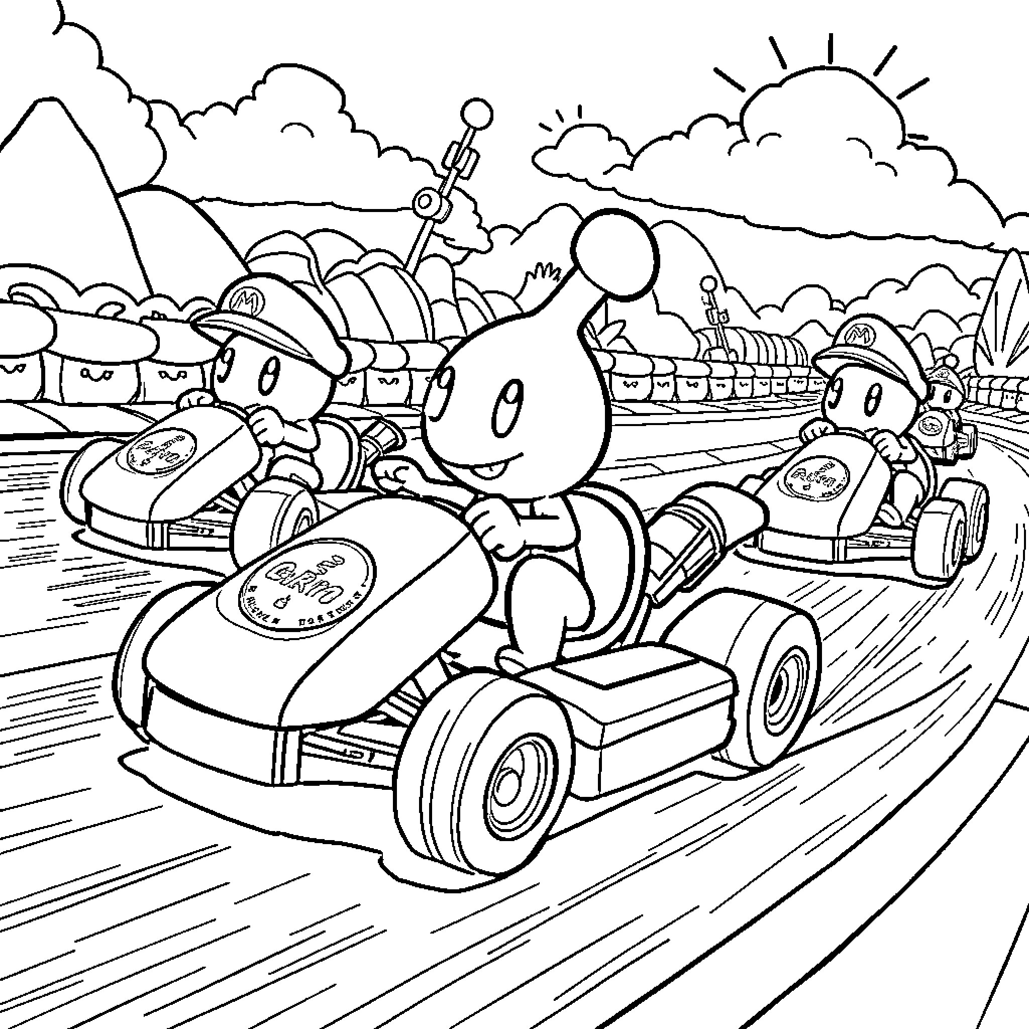 Pikmin racing in karts on a scenic journey Coloring Page (free black-and-white line drawing printable PDF for all, from beginners to advanced learners, including children, teens, adults, and seniors)