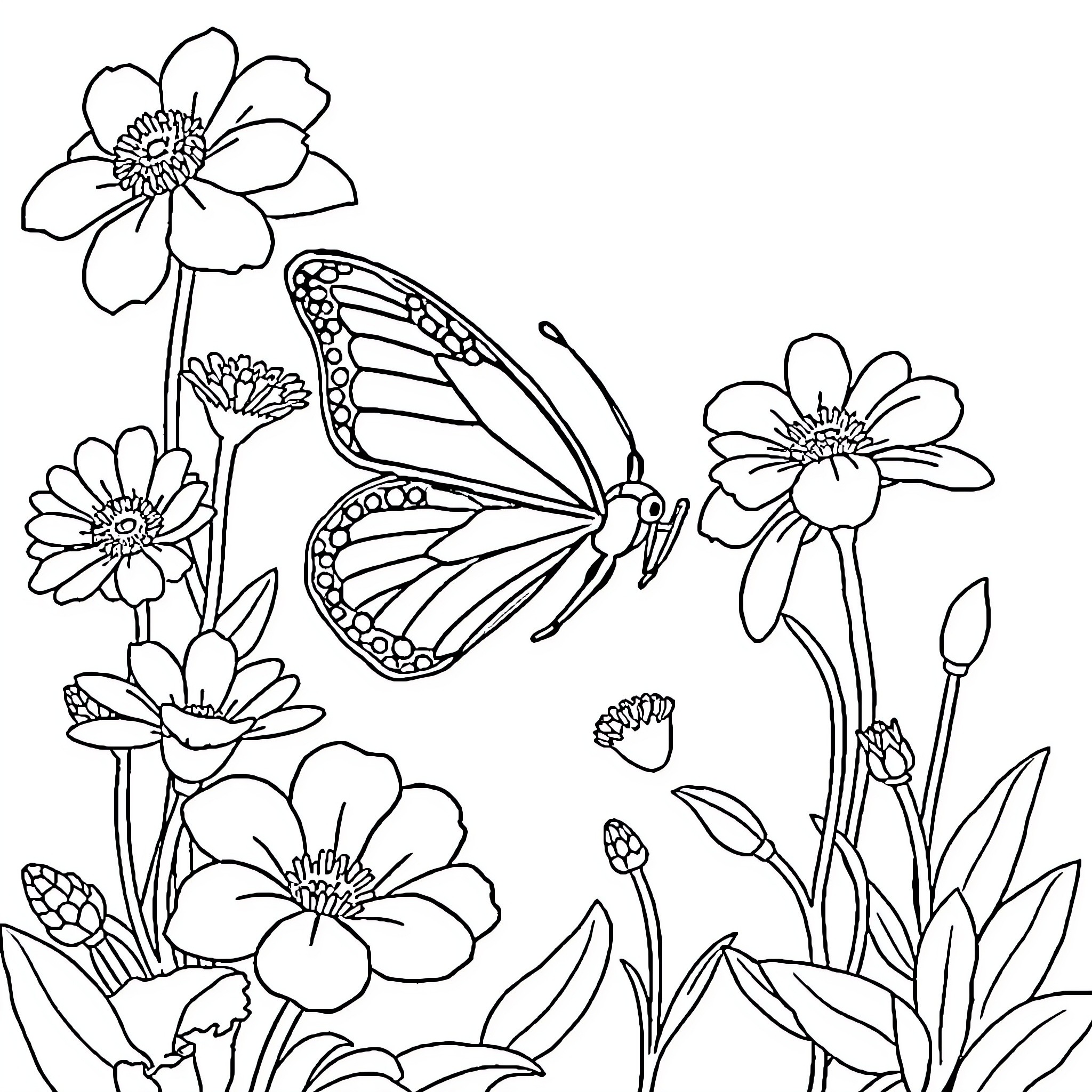 Butterfly flying among beautiful flowers Coloring Page (free black-and-white line drawing printable PDF for all, from beginners to advanced learners, including children, teens, adults, and seniors)