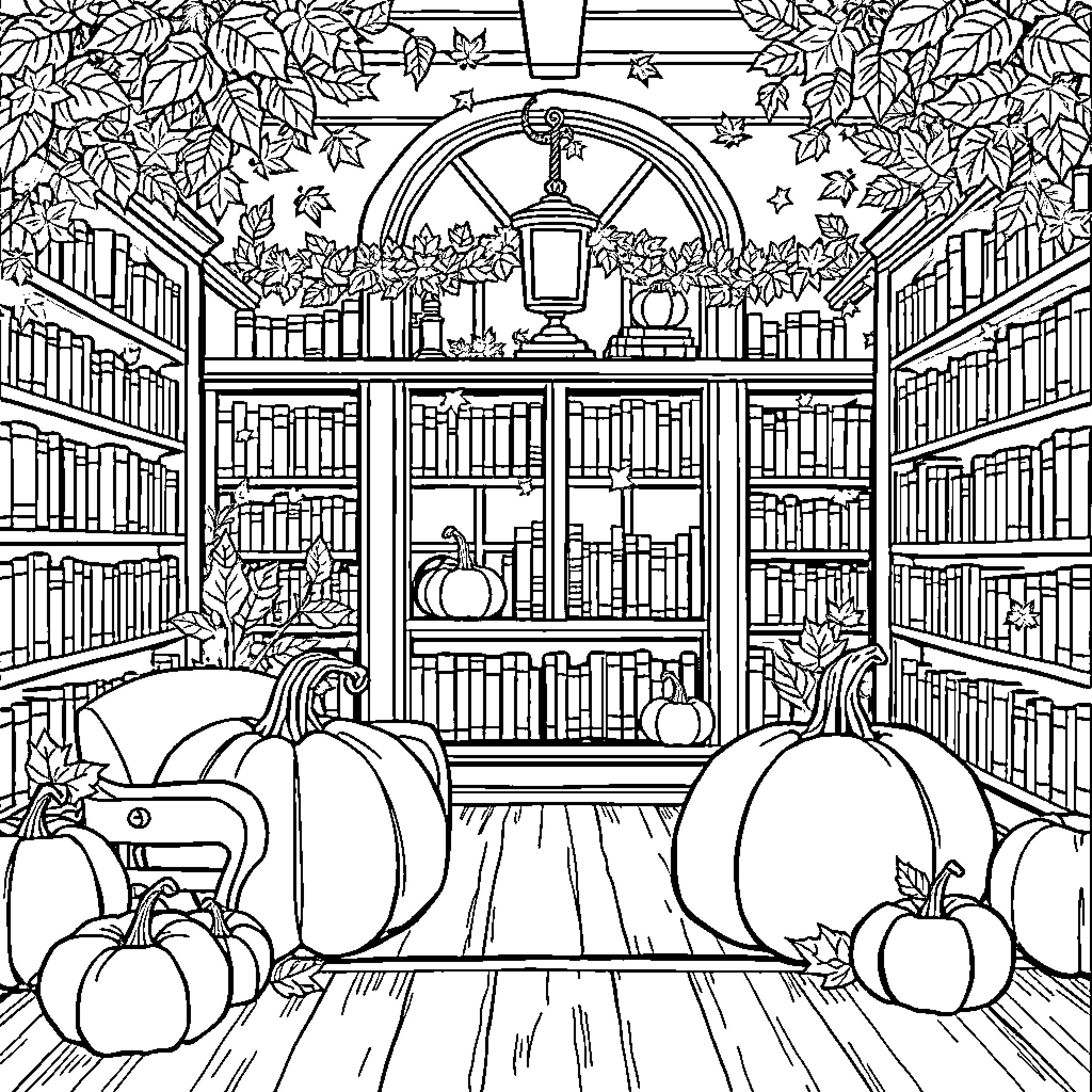 Library filled with pumpkins and autumn decor Coloring Page (free black-and-white line drawing printable PDF for all, from beginners to advanced learners, including children, teens, adults, and seniors)