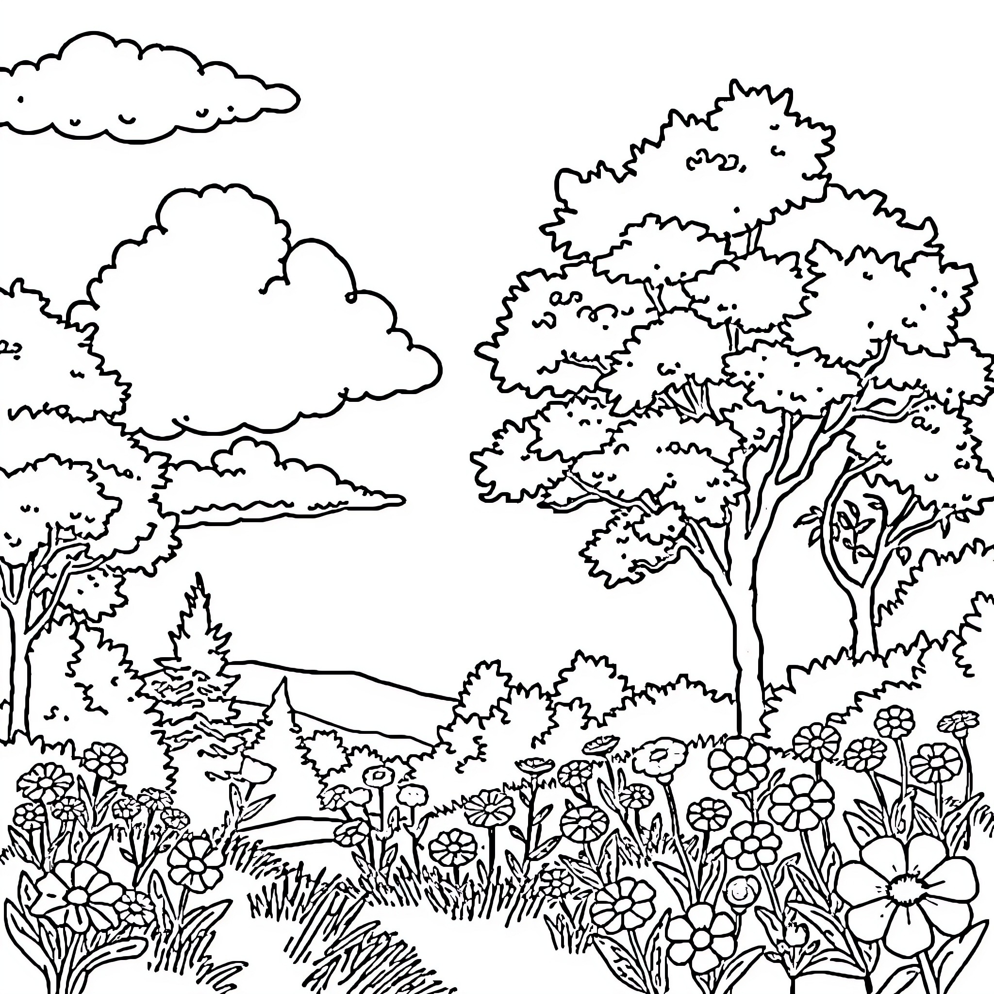 Nature's Enchanting Landscape Coloring Page (free black-and-white line drawing printable PDF for all, from beginners to advanced learners, including children, teens, adults, and seniors)