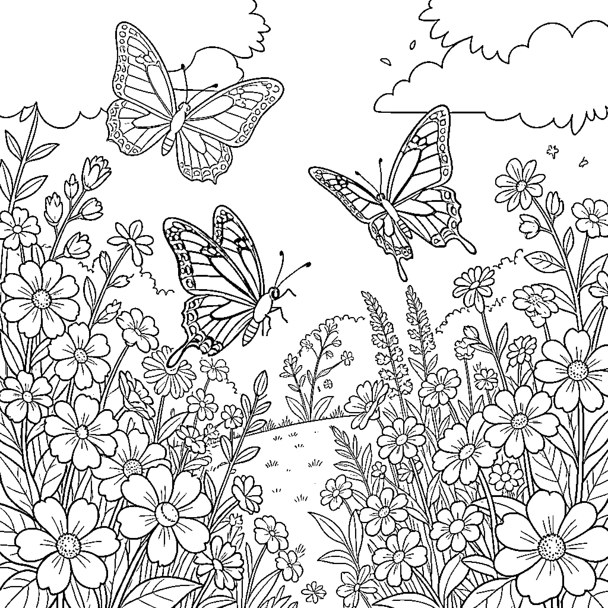 Butterflies dancing among the flowers Coloring Page (free black-and-white line drawing printable PDF for all, from beginners to advanced learners, including children, teens, adults, and seniors)
