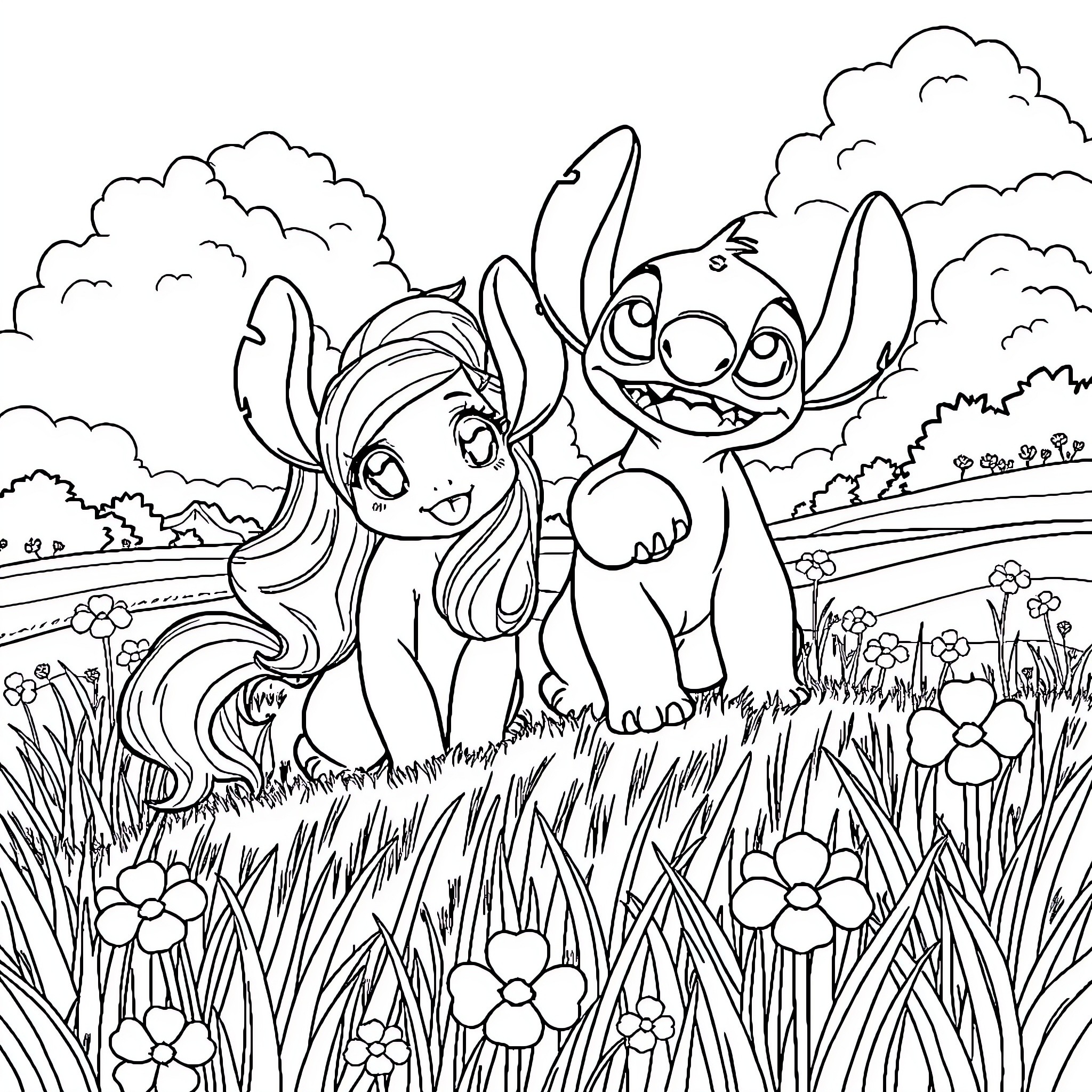 Liloo and Stitch playing happily in a meadow Coloring Page (free black-and-white line drawing printable PDF for all, from beginners to advanced learners, including children, teens, adults, and seniors)