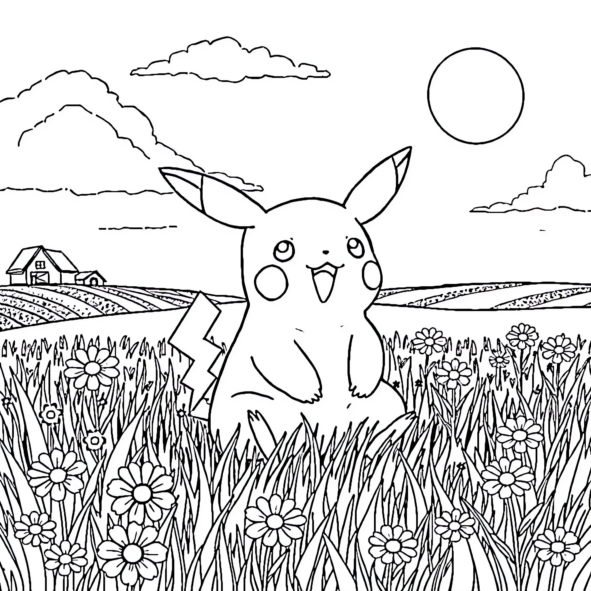 Pikachu enjoying a peaceful outdoor scene Coloring Page (free black-and-white line drawing printable PDF for all, from beginners to advanced learners, including children, teens, adults, and seniors)