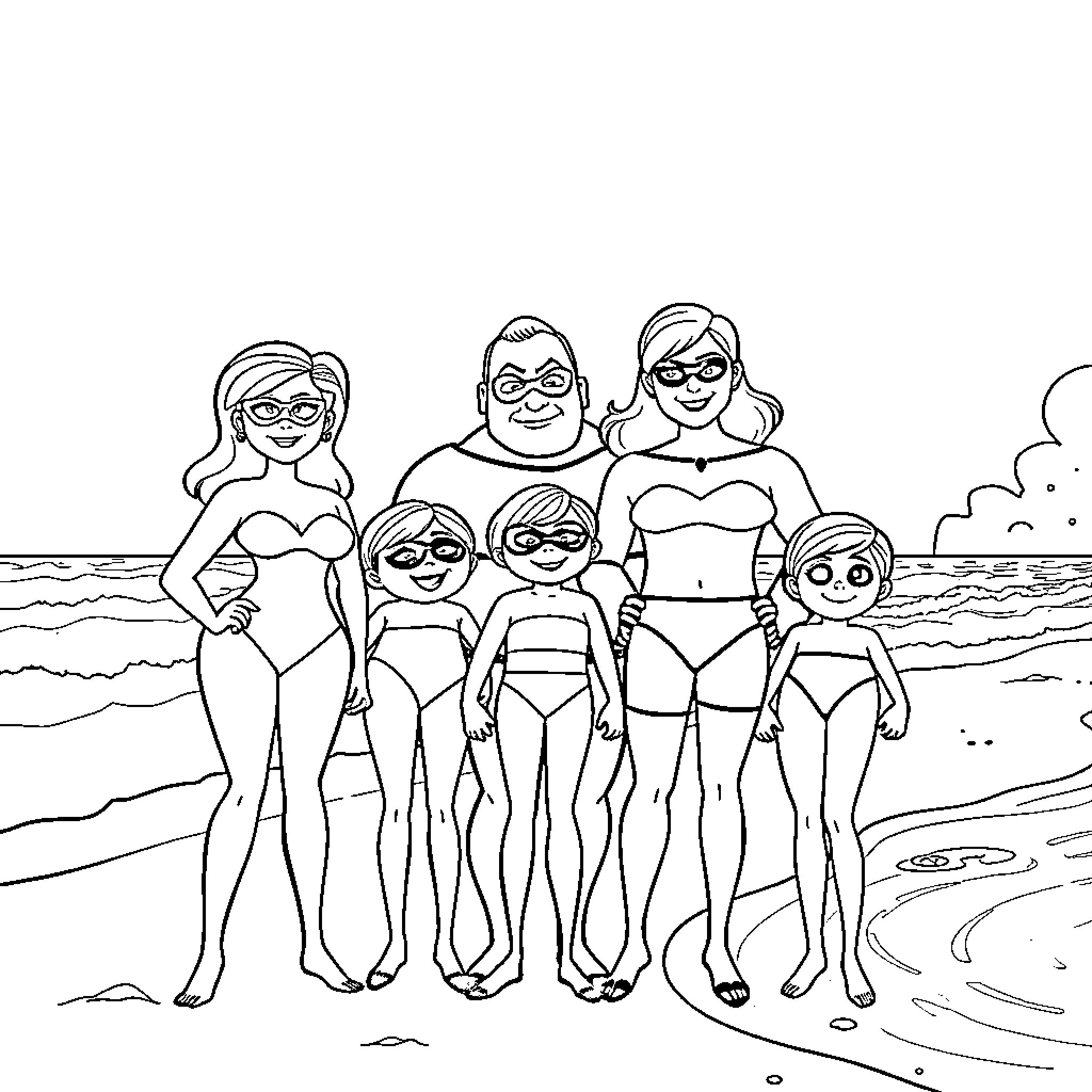 Incredible Family Fun at the Beach Coloring Page (free black-and-white line drawing printable PDF for all, from beginners to advanced learners, including children, teens, adults, and seniors)