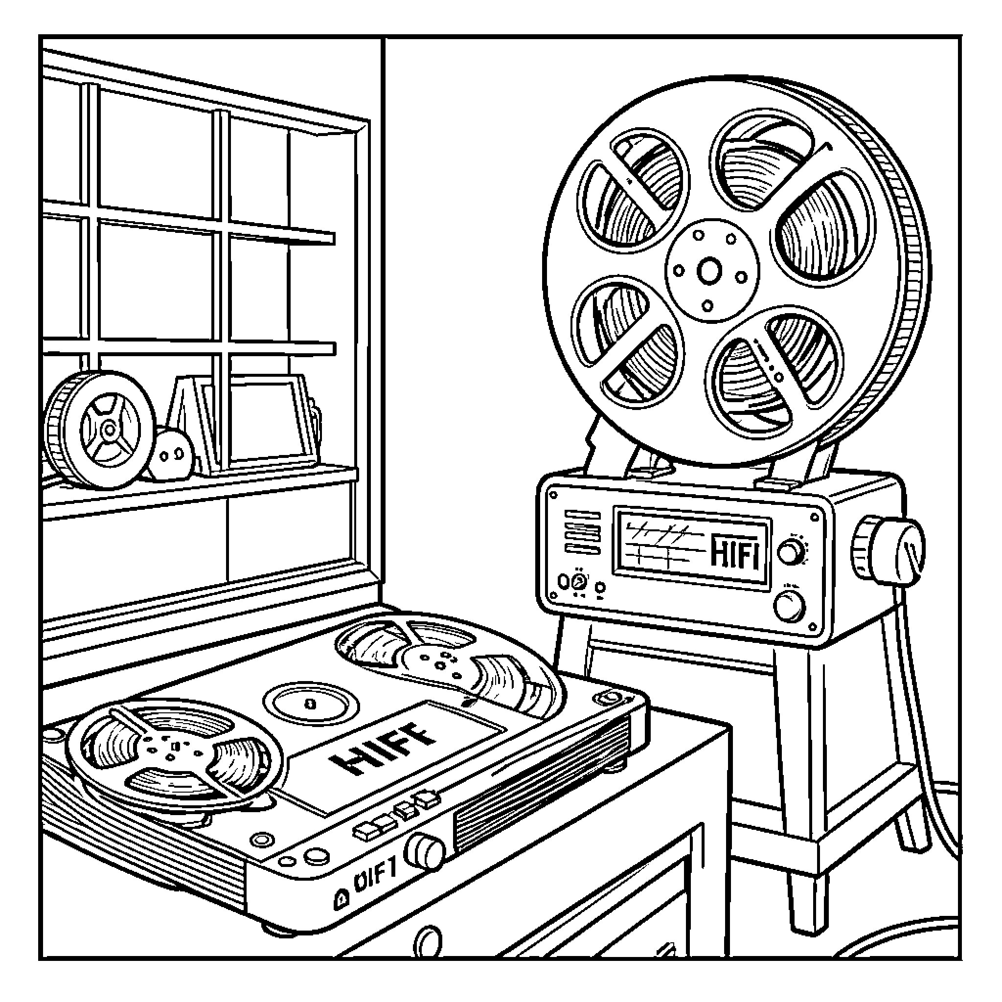 Audio equipment featuring vintage reel to reel players Coloring Page (free black-and-white line drawing printable PDF for all, from beginners to advanced learners, including children, teens, adults, and seniors)