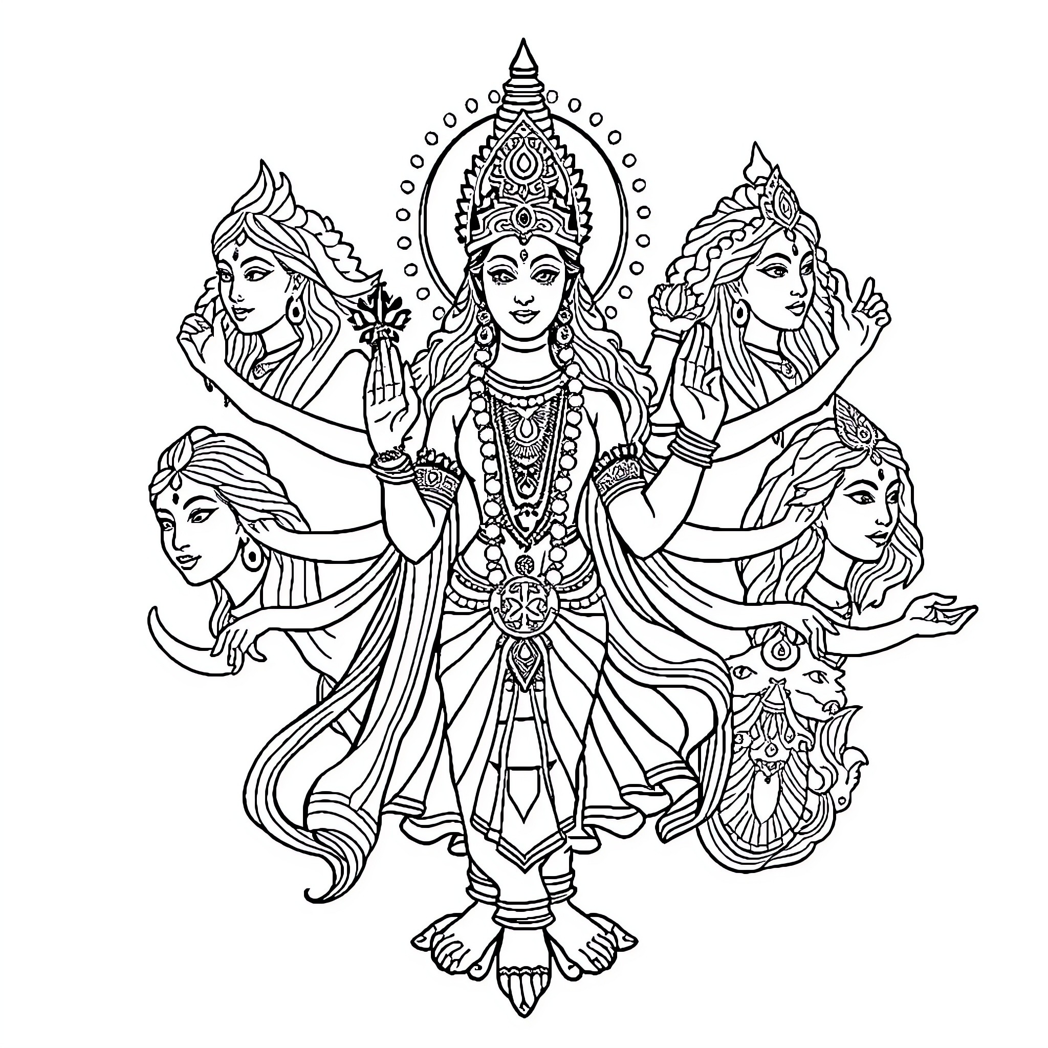 Mata Parvati depicted in divine splendor and grace Coloring Page (free black-and-white line drawing printable PDF for all, from beginners to advanced learners, including children, teens, adults, and seniors)