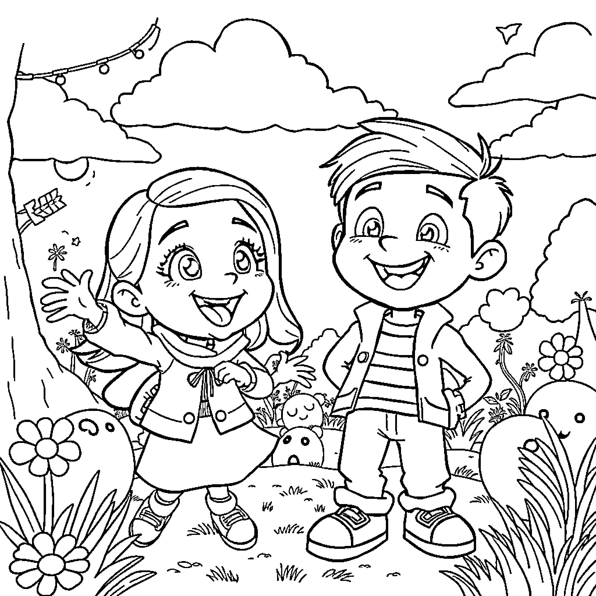 Eva and Adam explore the vibrant garden together Coloring Page (free black-and-white line drawing printable PDF for all, from beginners to advanced learners, including children, teens, adults, and seniors)