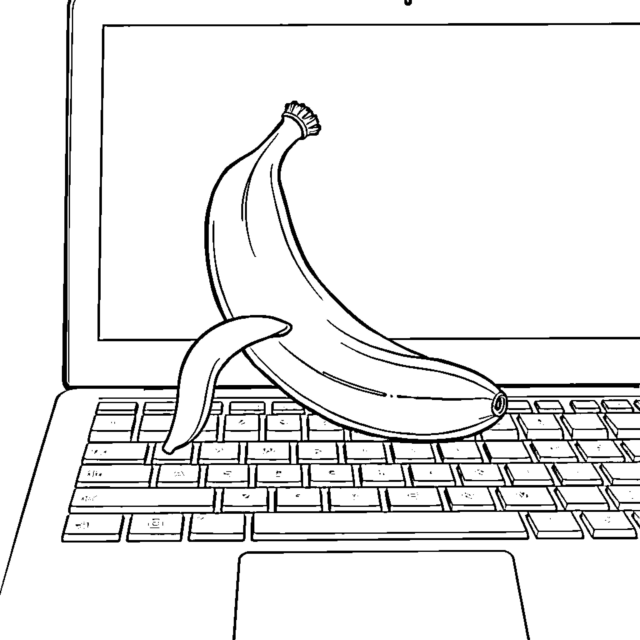 Banana resting on computer keyboard Coloring Page (free black-and-white line drawing printable PDF for all, from beginners to advanced learners, including children, teens, adults, and seniors)