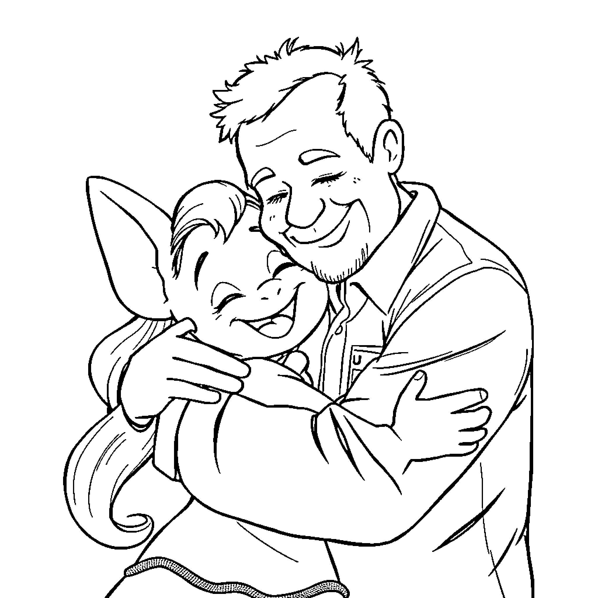 Bluey and father embrace affectionately Coloring Page (free black-and-white line drawing printable PDF for all, from beginners to advanced learners, including children, teens, adults, and seniors)