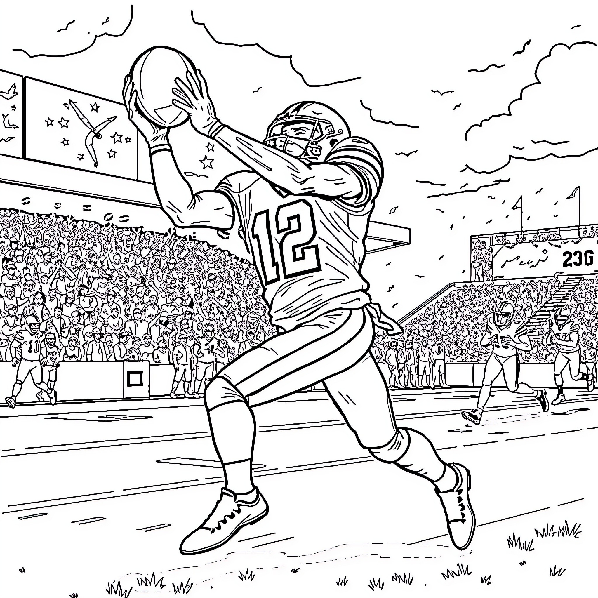 Justin Jefferson making a spectacular touchdown catch Coloring Page (free black-and-white line drawing printable PDF for all, from beginners to advanced learners, including children, teens, adults, and seniors)