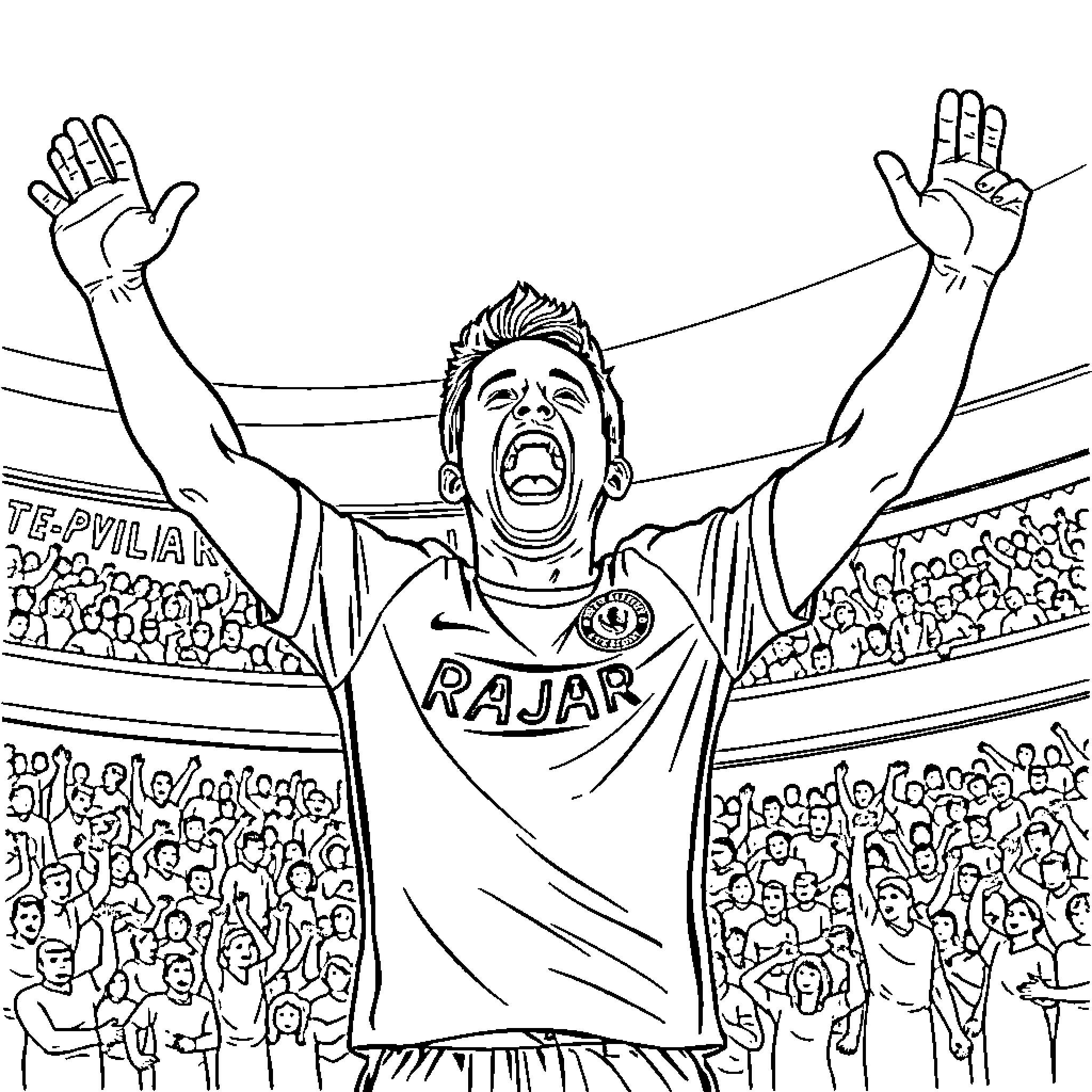 Marco Rojas celebrates football victory with fans Coloring Page (free black-and-white line drawing printable PDF for all, from beginners to advanced learners, including children, teens, adults, and seniors)