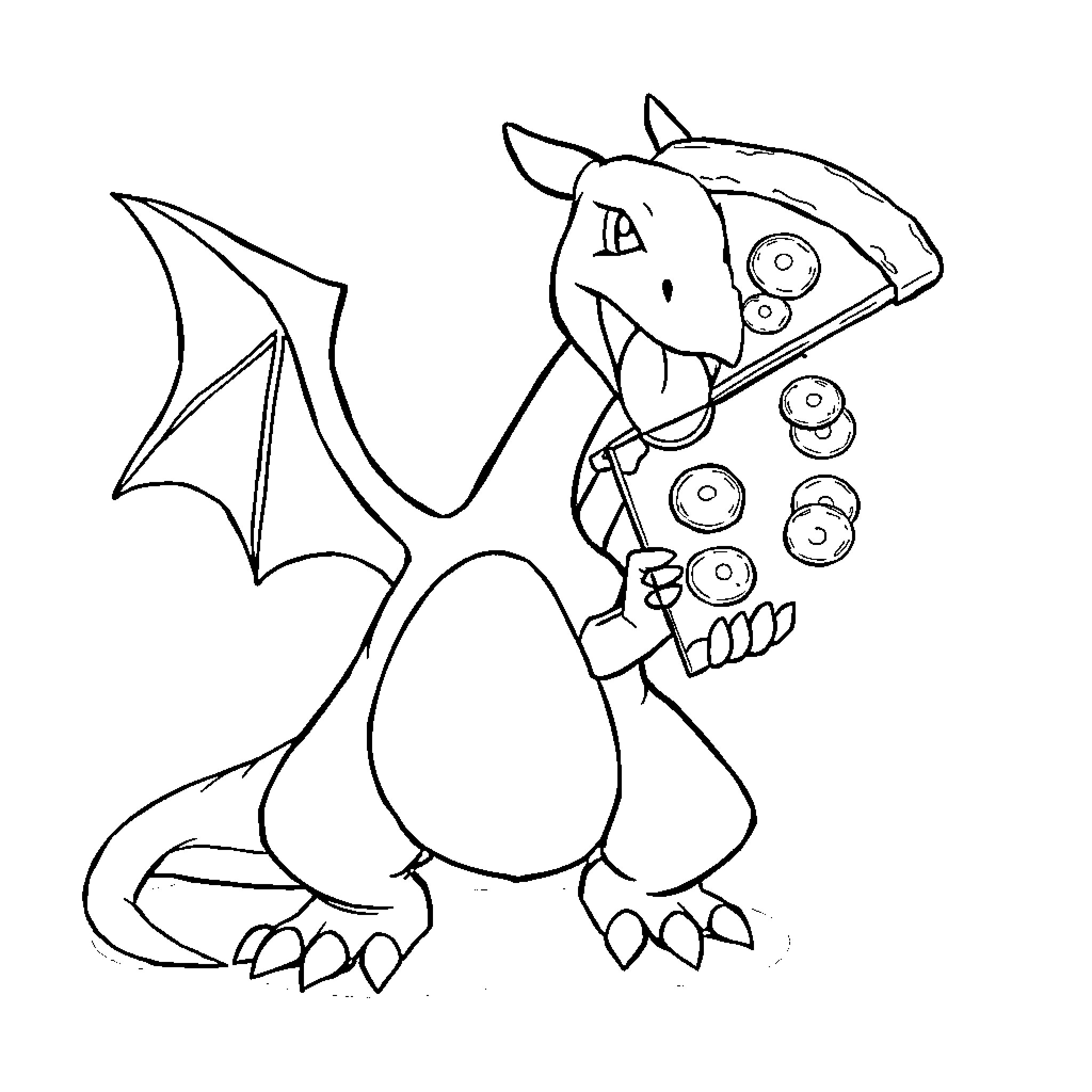 Charizard enjoying its favorite snack Coloring Page (free black-and-white line drawing printable PDF for all, from beginners to advanced learners, including children, teens, adults, and seniors)