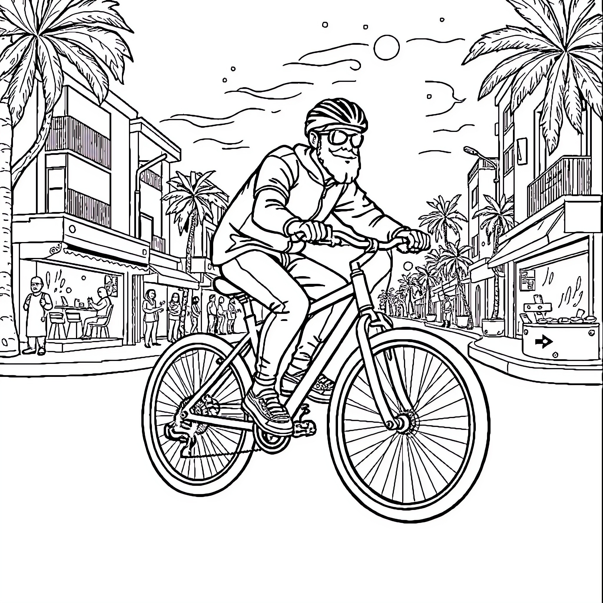 Guason cycling through vibrant city streets Coloring Page (free black-and-white line drawing printable PDF for all, from beginners to advanced learners, including children, teens, adults, and seniors)