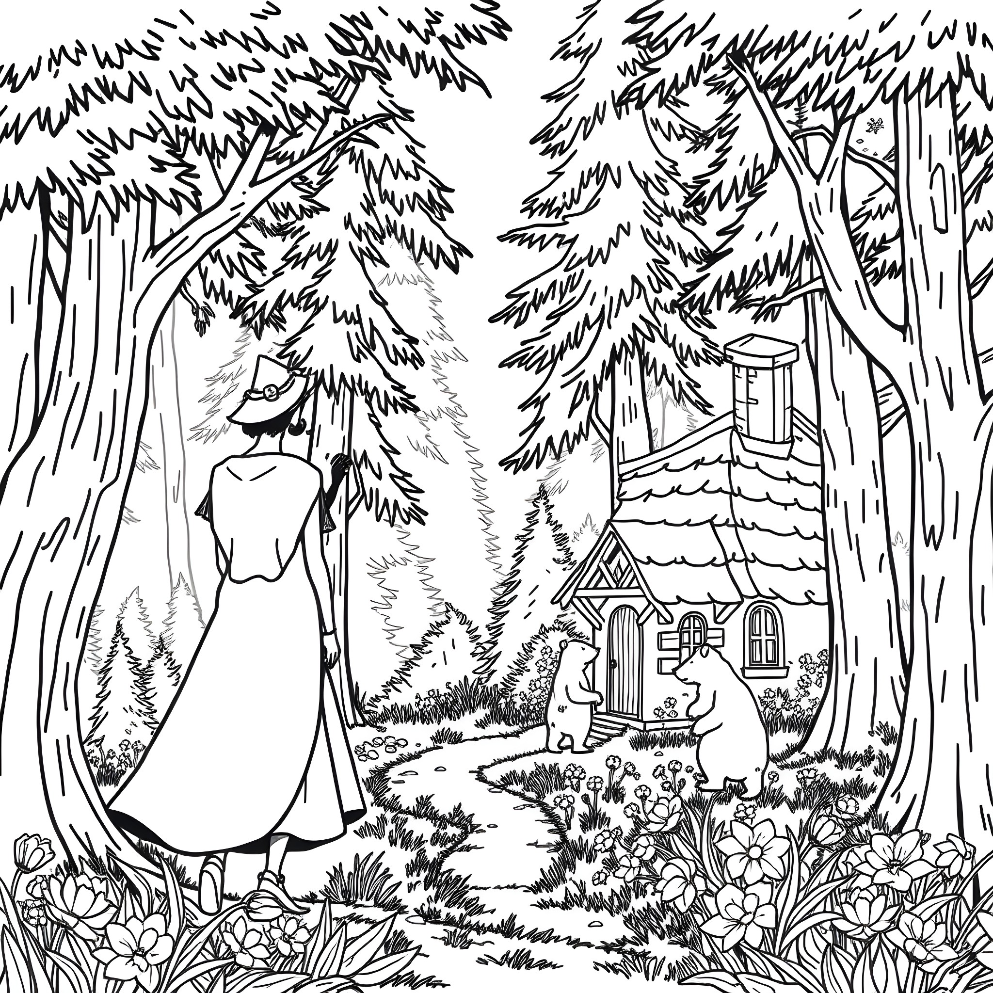 Little Red Riding Hood walks through the enchanted forest Coloring Page (free black-and-white line drawing printable PDF for all, from beginners to advanced learners, including children, teens, adults, and seniors)