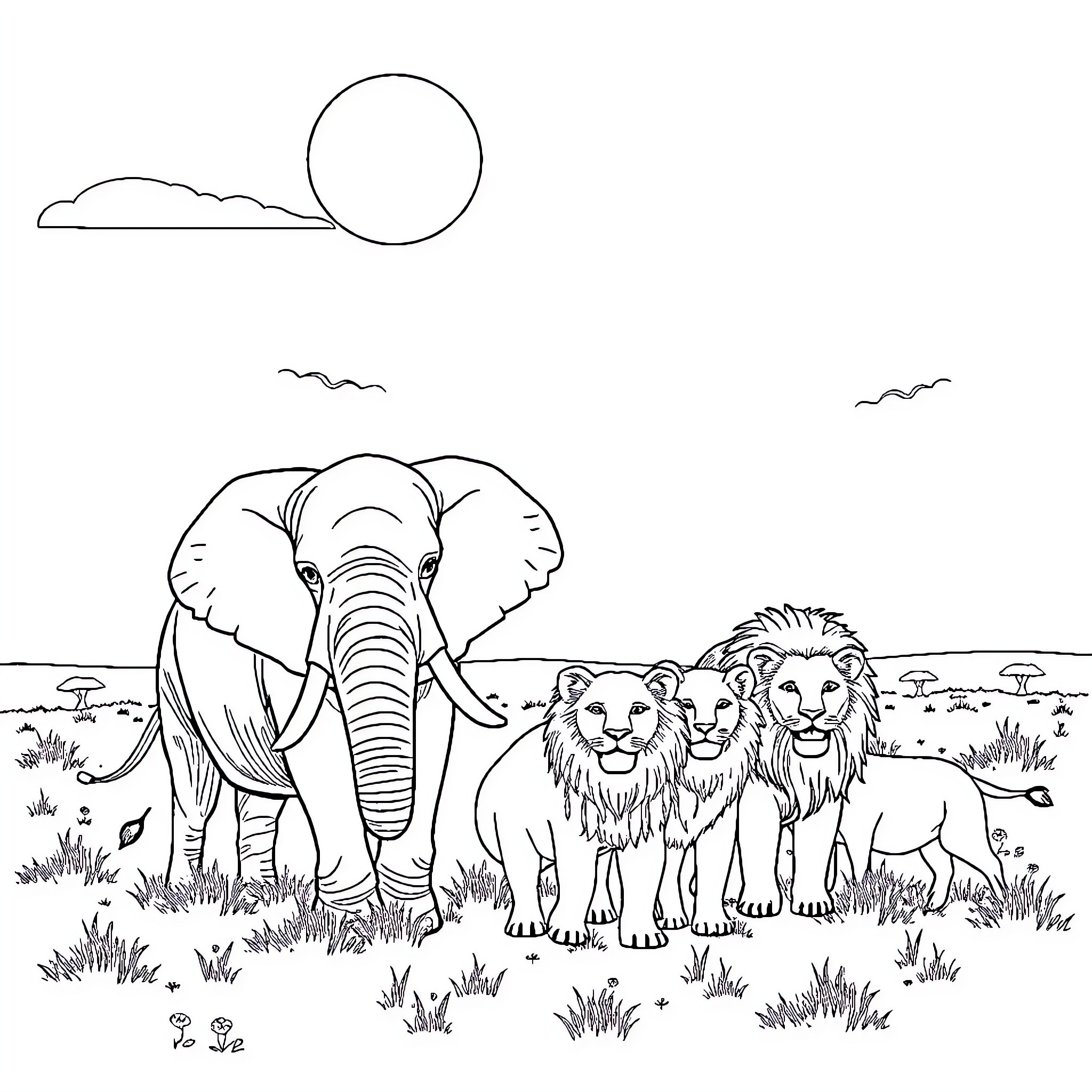 Savannah Animal Gathering in the Wild Coloring Page (free black-and-white line drawing printable PDF for all, from beginners to advanced learners, including children, teens, adults, and seniors)