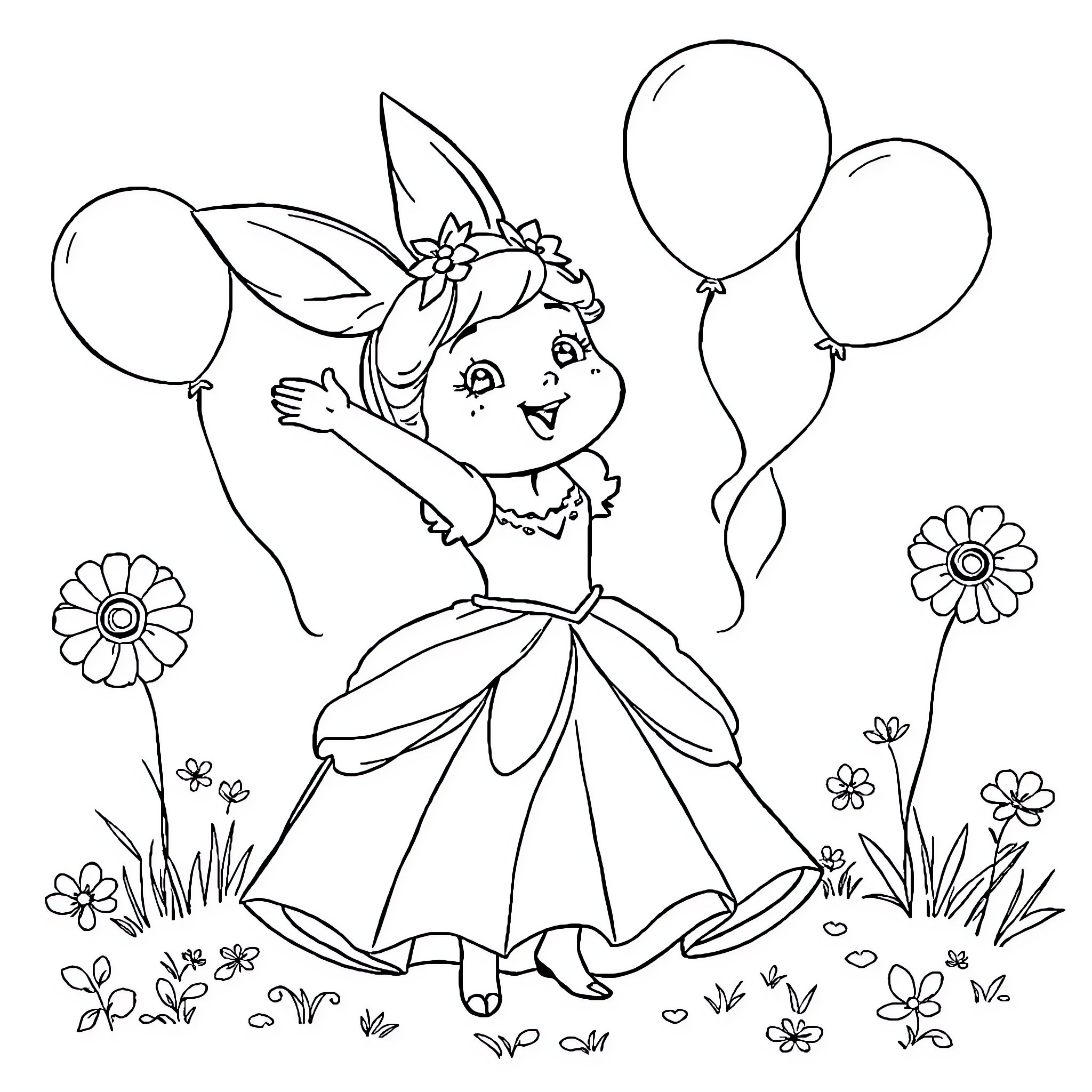 Cinderella's Joyous Celebration with Balloons and Flowers Coloring Page (free black-and-white line drawing printable PDF for all, from beginners to advanced learners, including children, teens, adults, and seniors)