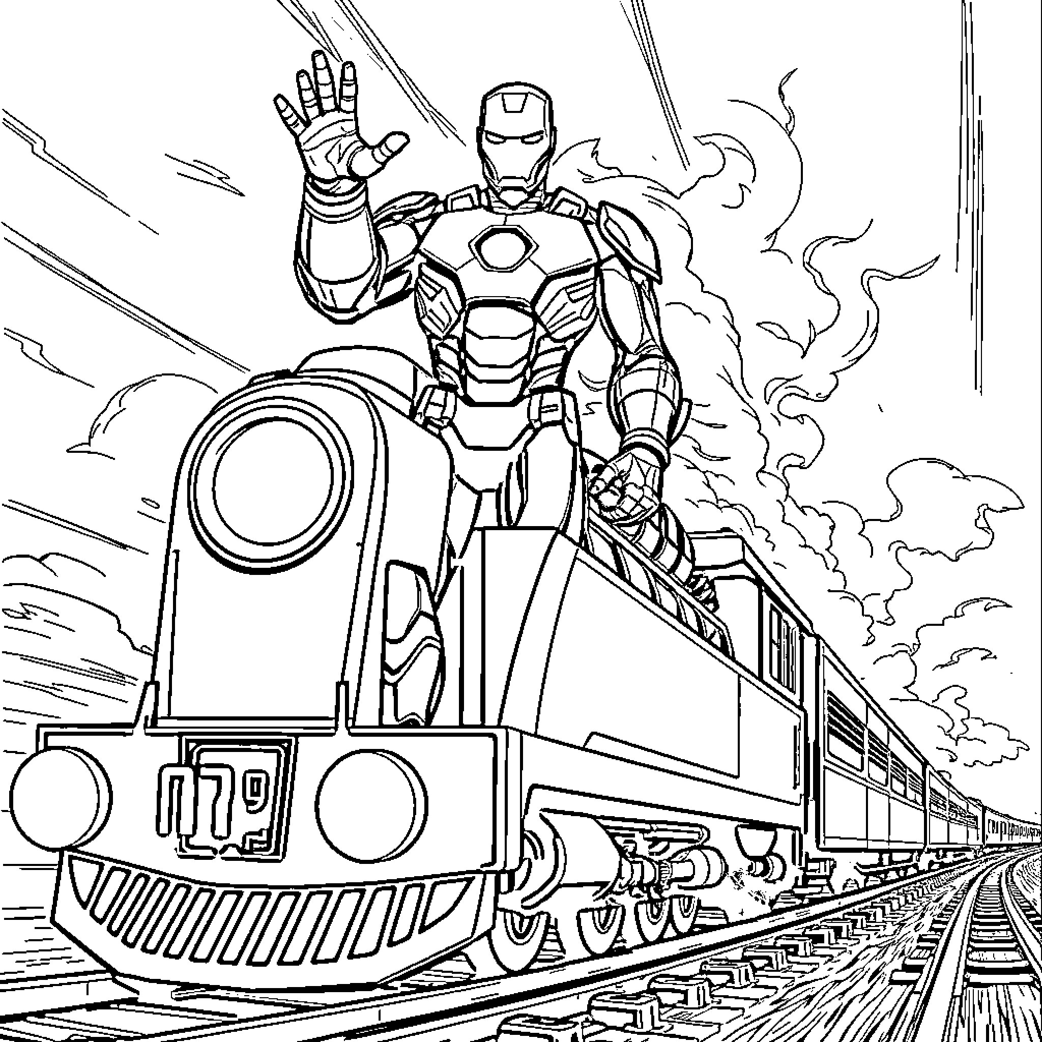 Iron Man Riding on a Powerful Train with Smoke Coloring Page (free black-and-white line drawing printable PDF for all, from beginners to advanced learners, including children, teens, adults, and seniors)