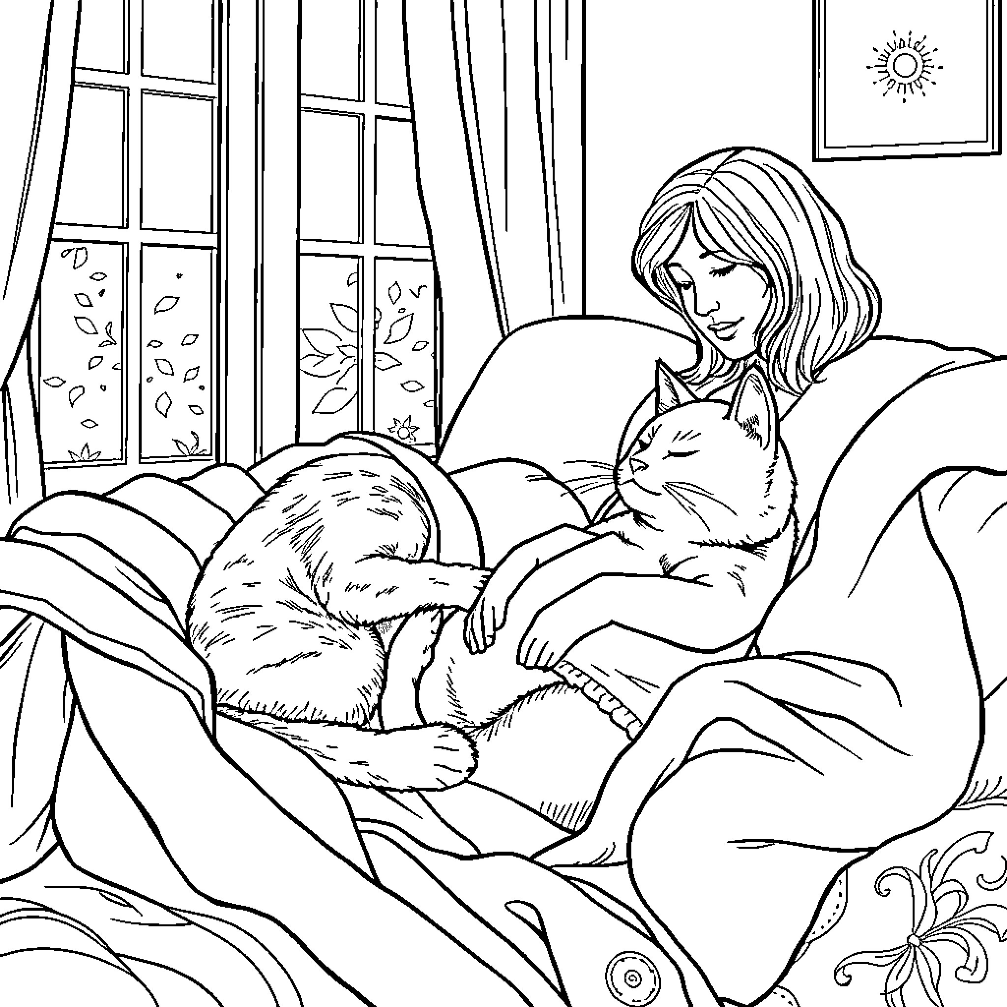 Cat cuddling with woman on cozy couch Coloring Page (free black-and-white line drawing printable PDF for all, from beginners to advanced learners, including children, teens, adults, and seniors)