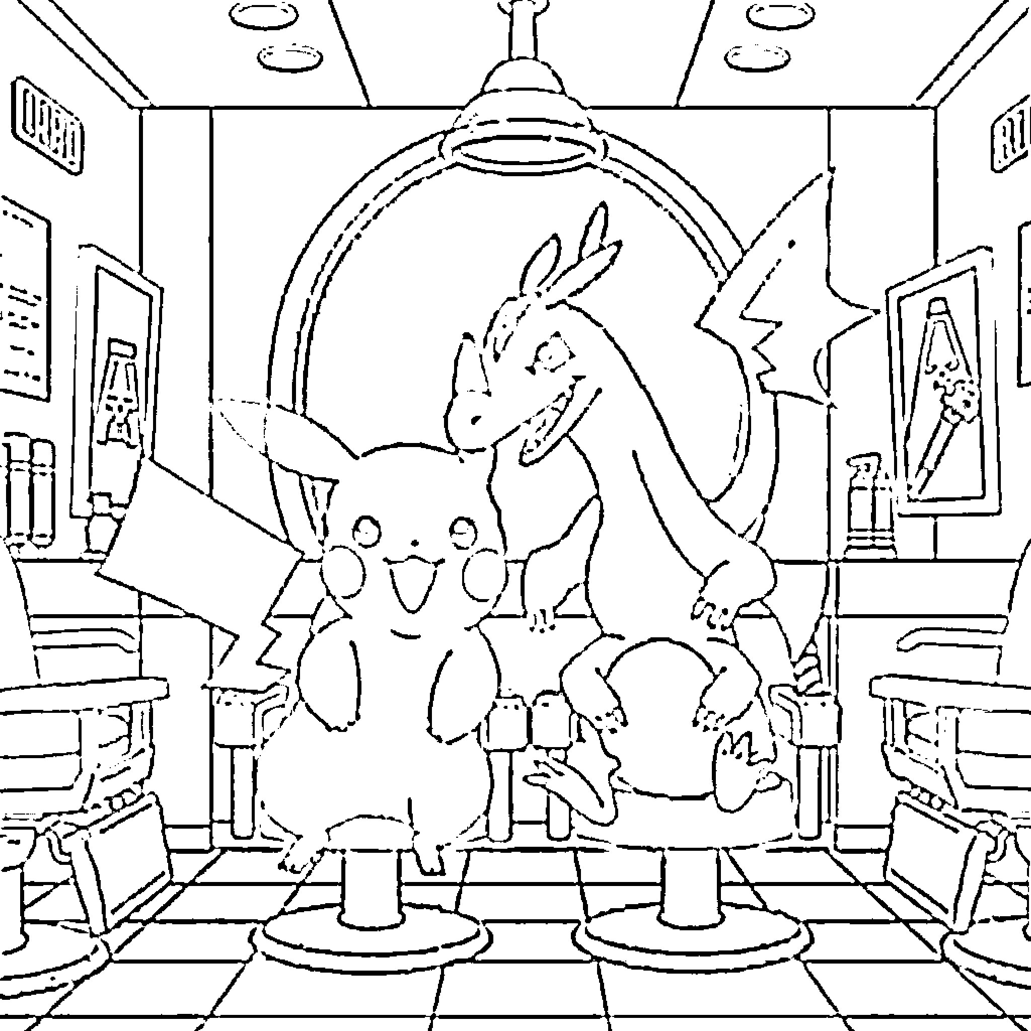 Pikachu and Bunny Enjoying a Playful Adventure Coloring Page (free black-and-white line drawing printable PDF for all, from beginners to advanced learners, including children, teens, adults, and seniors)