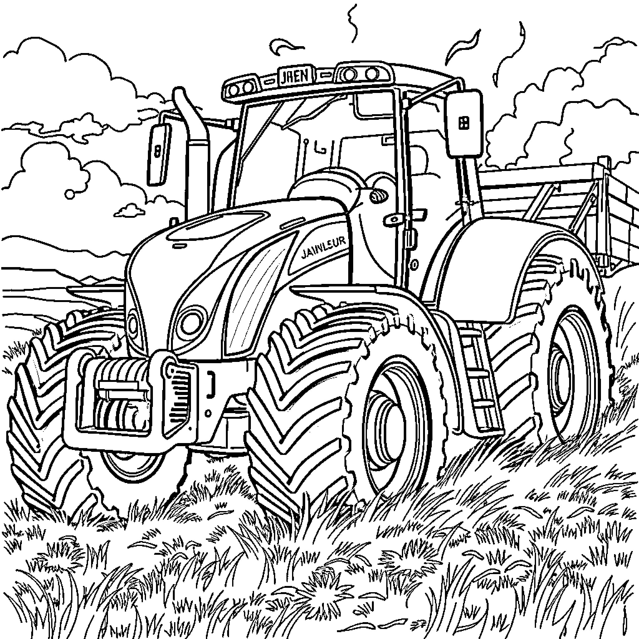 Tractor working in the field Coloring Page (free black-and-white line drawing printable PDF for all, from beginners to advanced learners, including children, teens, adults, and seniors)