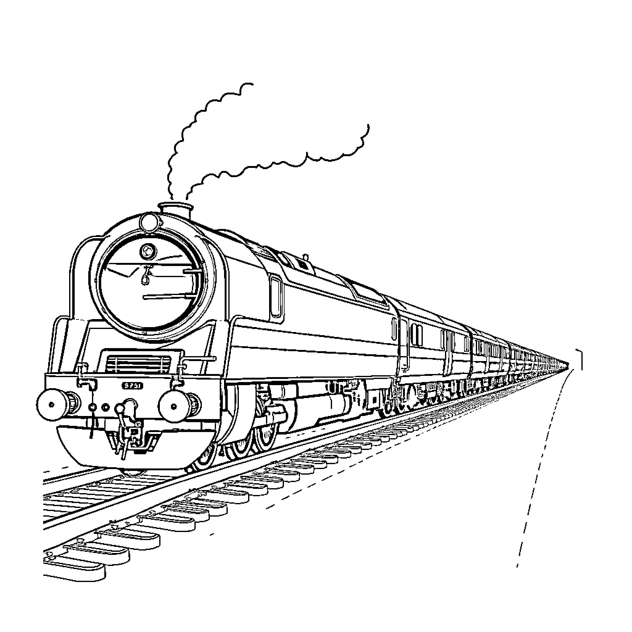 Locomotive speeding along the tracks Coloring Page (free black-and-white line drawing printable PDF for all, from beginners to advanced learners, including children, teens, adults, and seniors)