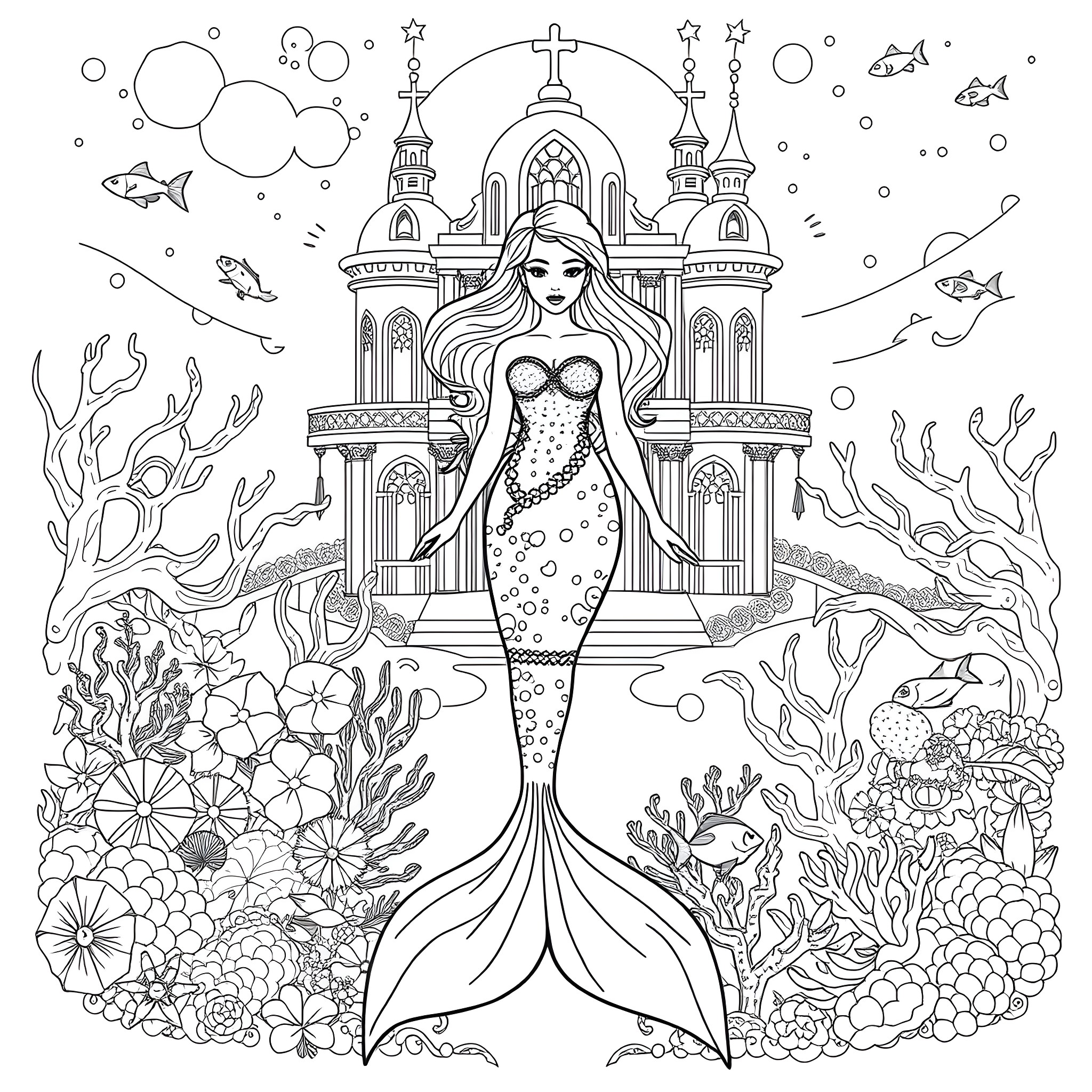 Mermaid in an underwater fantasy castle Coloring Page (free black-and-white line drawing printable PDF for all, from beginners to advanced learners, including children, teens, adults, and seniors)