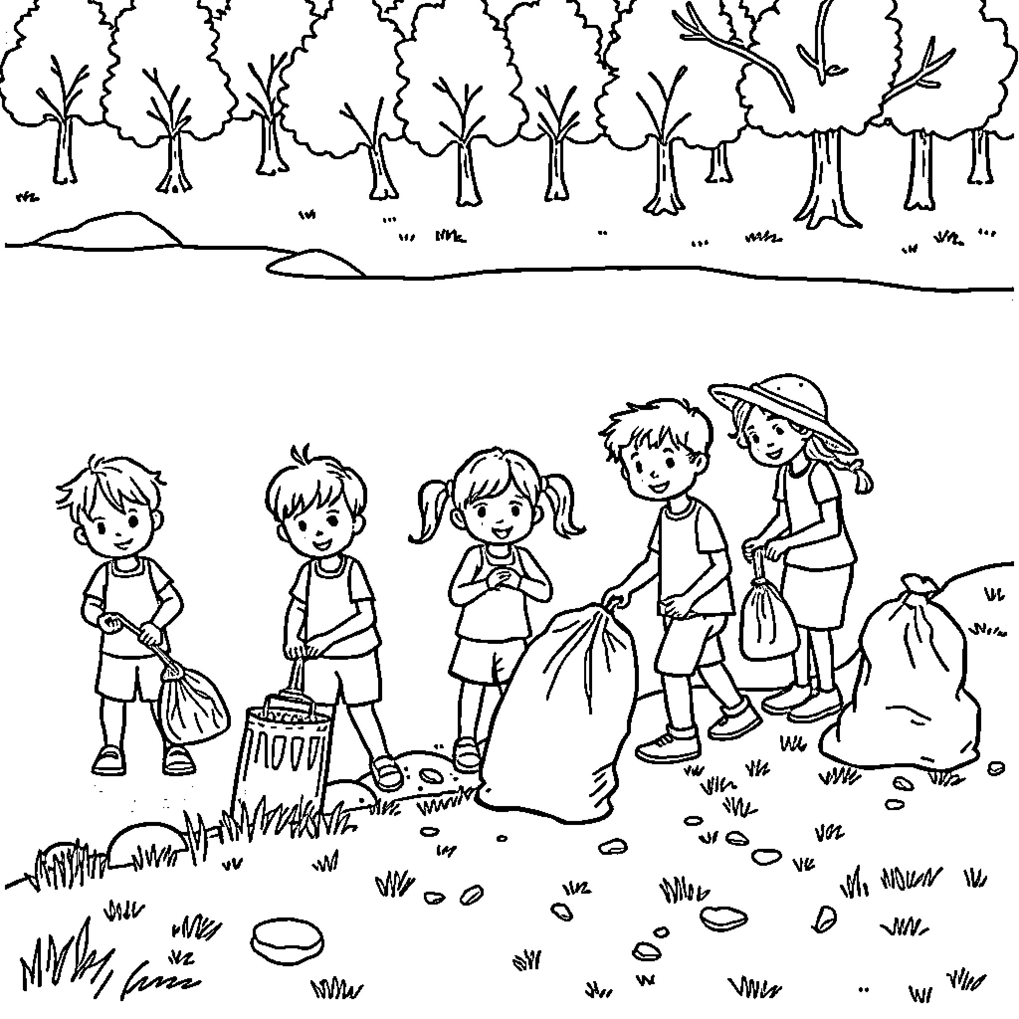 Children exploring the forest and gathering Coloring Page (free black-and-white line drawing printable PDF for all, from beginners to advanced learners, including children, teens, adults, and seniors)