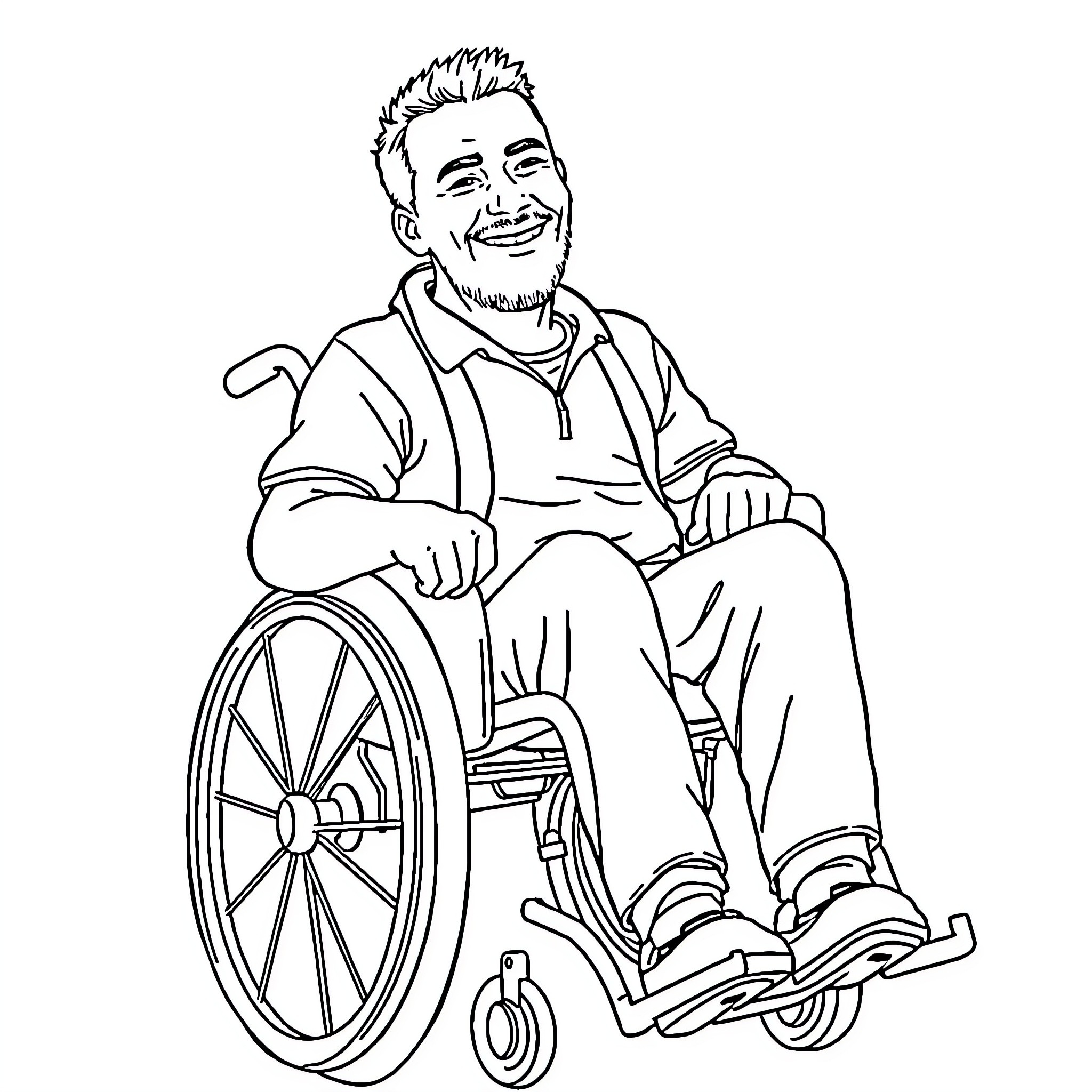 Man smiling happily in wheelchair Coloring Page (free black-and-white line drawing printable PDF for all, from beginners to advanced learners, including children, teens, adults, and seniors)