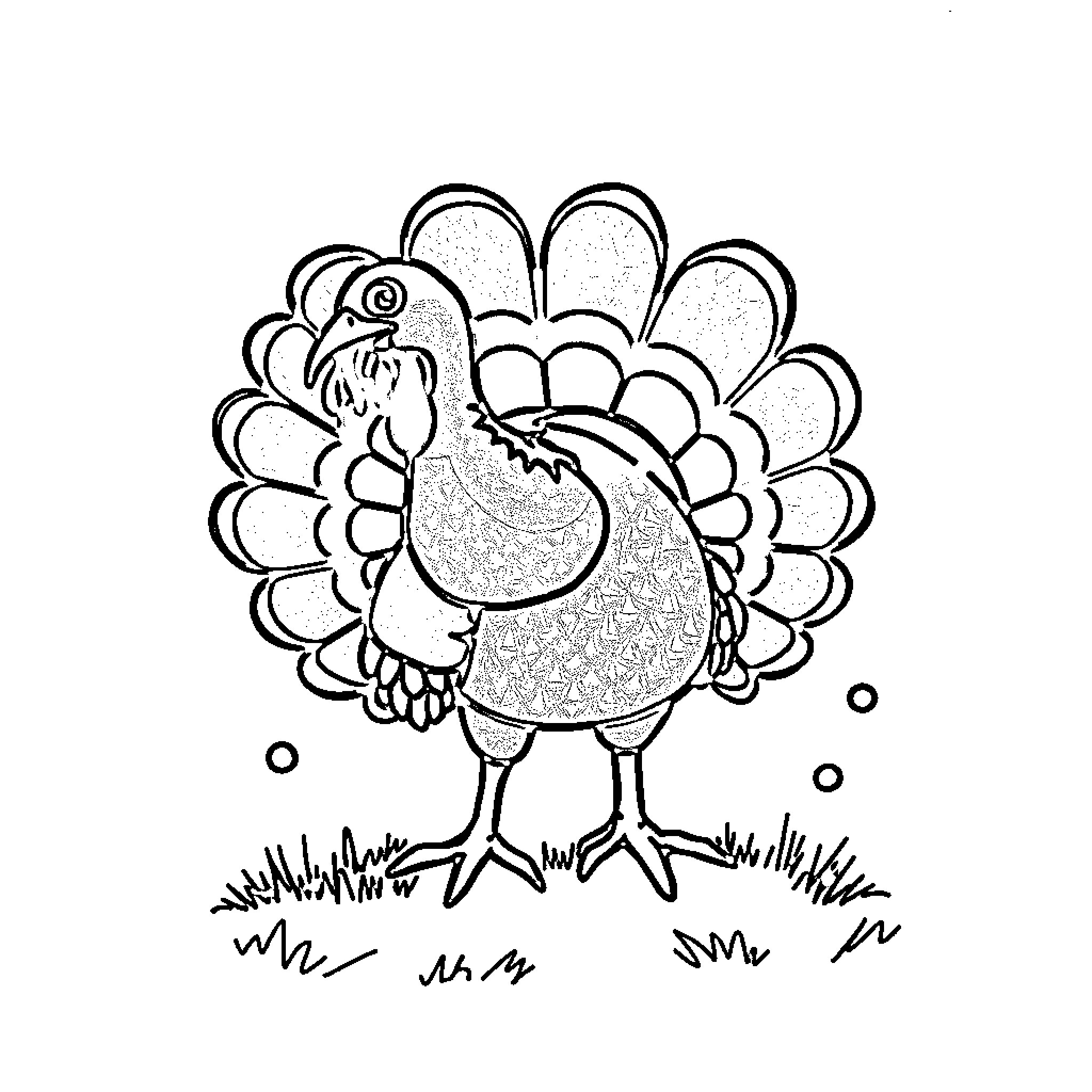 Turkey in a field with feathers Coloring Page (free black-and-white line drawing printable PDF for all, from beginners to advanced learners, including children, teens, adults, and seniors)