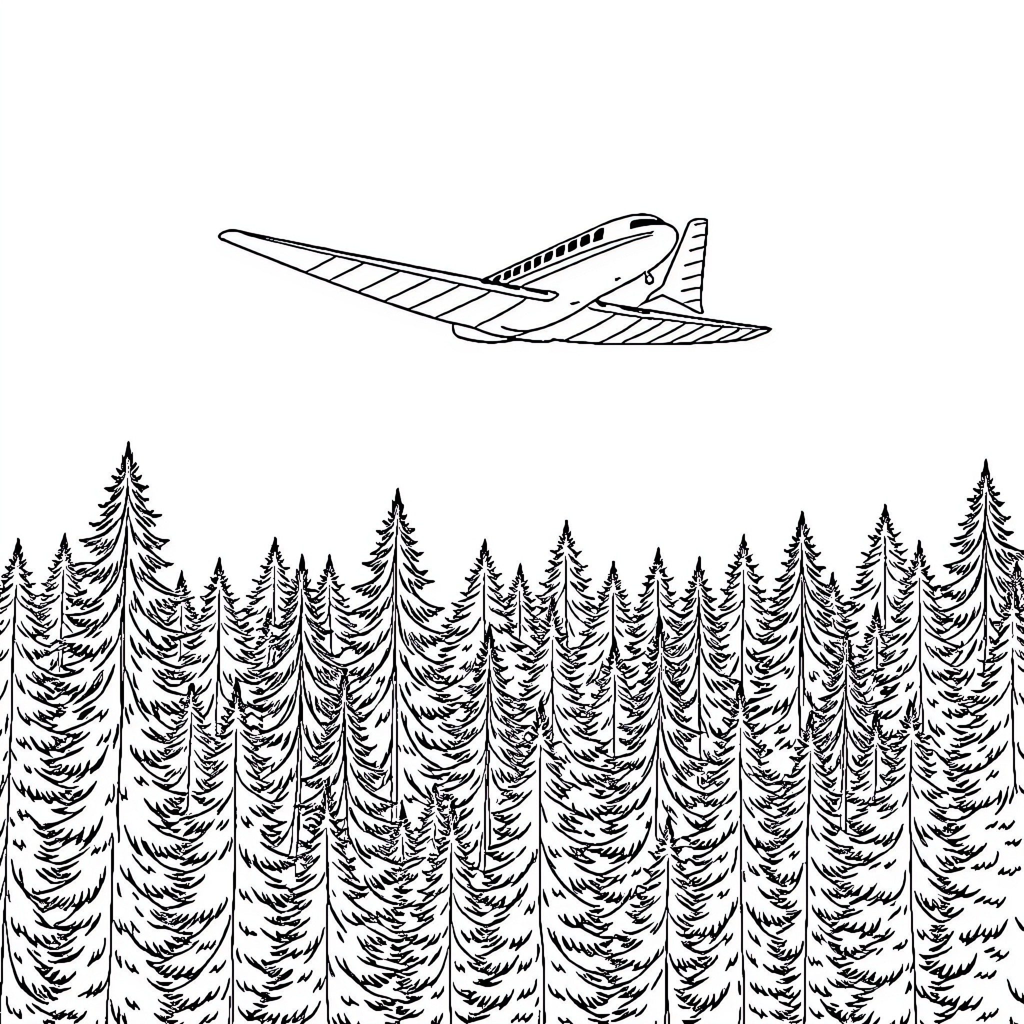 Avión sobrevolando un bosque de pinos Coloring Page (free black-and-white line drawing printable PDF for all, from beginners to advanced learners, including children, teens, adults, and seniors)