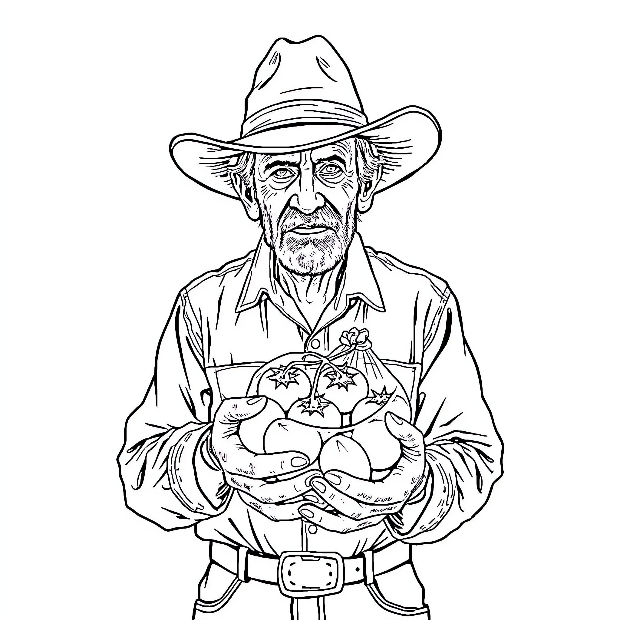 Cowboy Farmer Proudly Displaying His Harvest Coloring Page (free black-and-white line drawing printable PDF for all, from beginners to advanced learners, including children, teens, adults, and seniors)