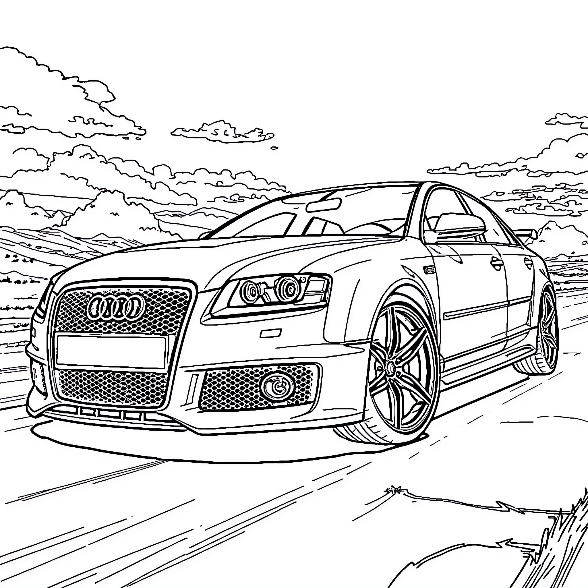Audi high-performance sedan speeding through scenic landscape Coloring Page (free black-and-white line drawing printable PDF for all, from beginners to advanced learners, including children, teens, adults, and seniors)