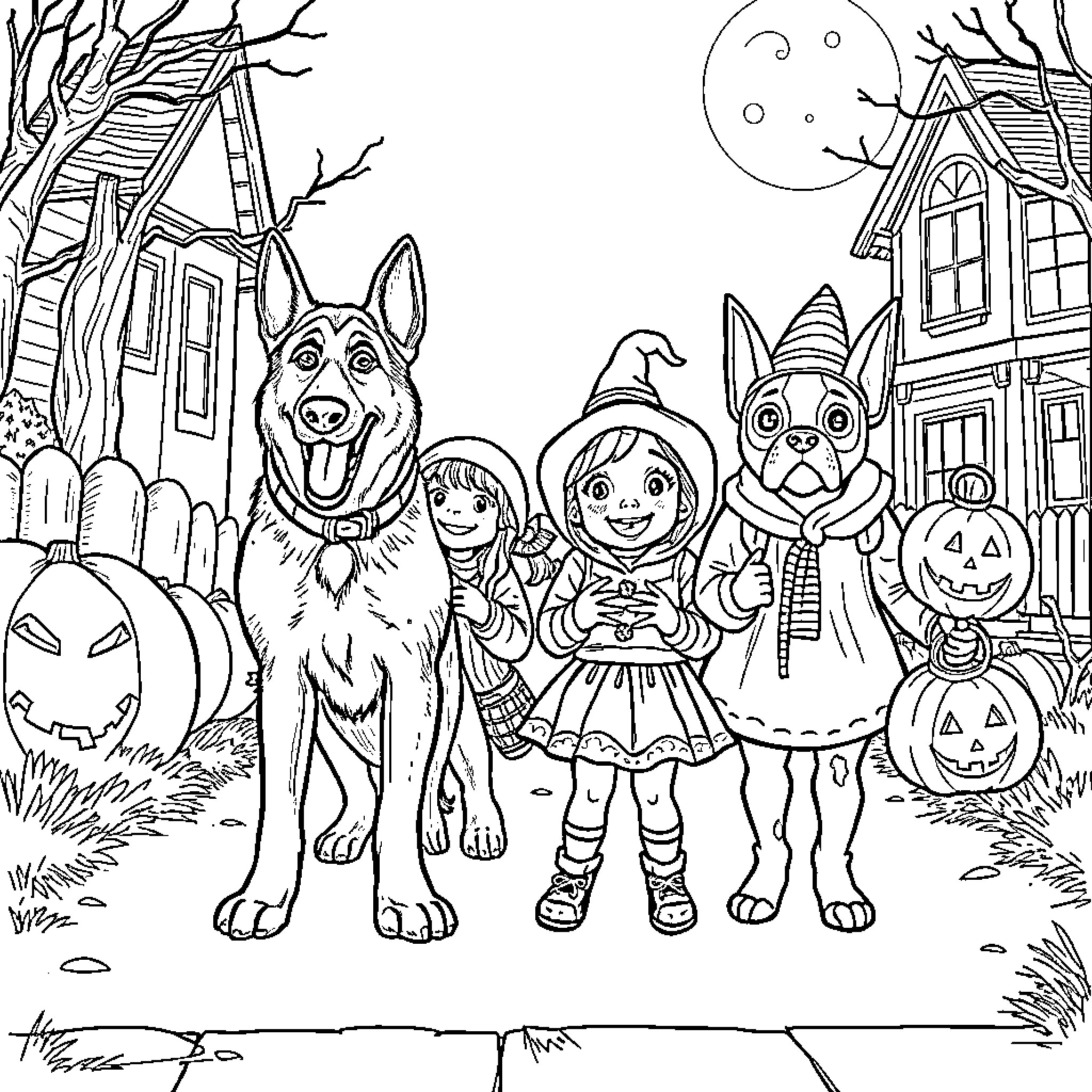 Dog and friends trick-or-treating on Halloween night Coloring Page (free black-and-white line drawing printable PDF for all, from beginners to advanced learners, including children, teens, adults, and seniors)